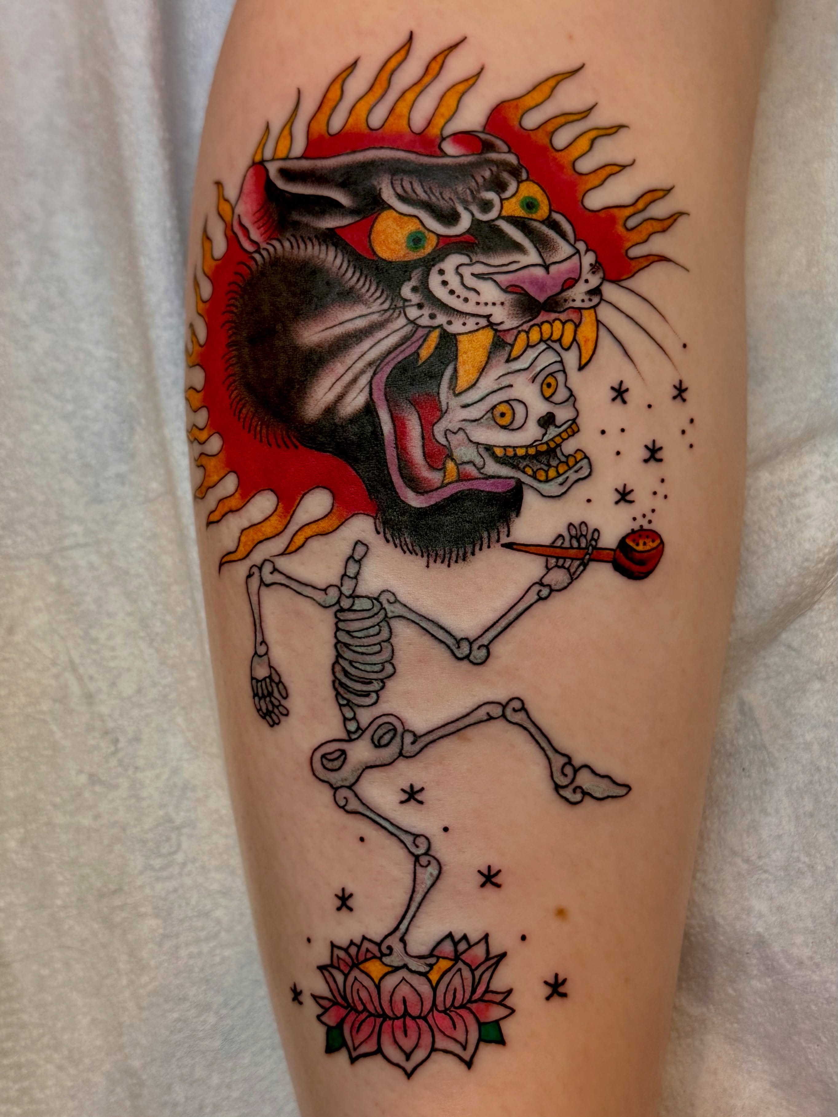 Skeleton smoking pipe American traditional tattoo on the forearm by Hayley Hendrick