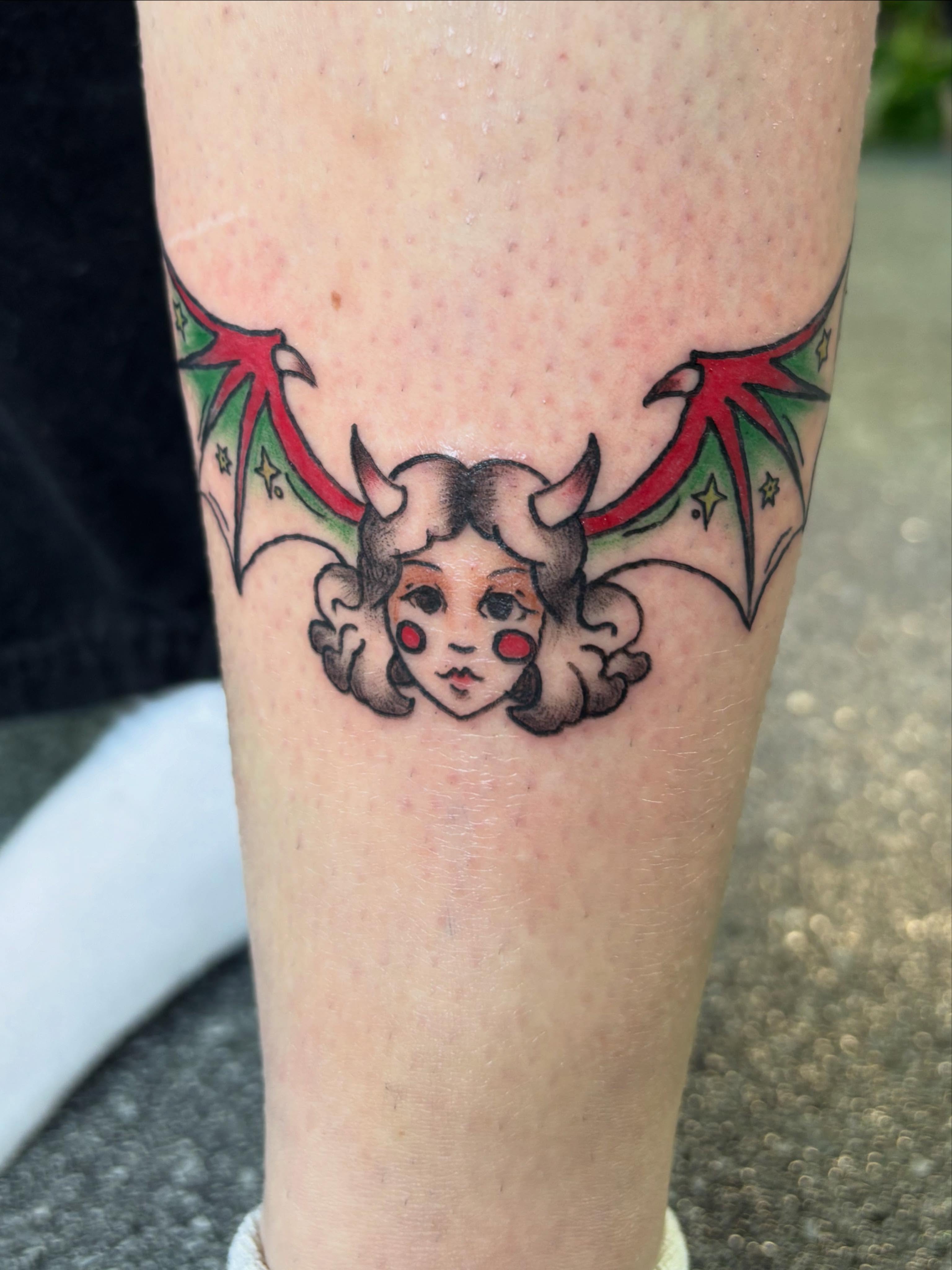 Bat girl American traditional tattoo on the forearm by Hiro Robinson