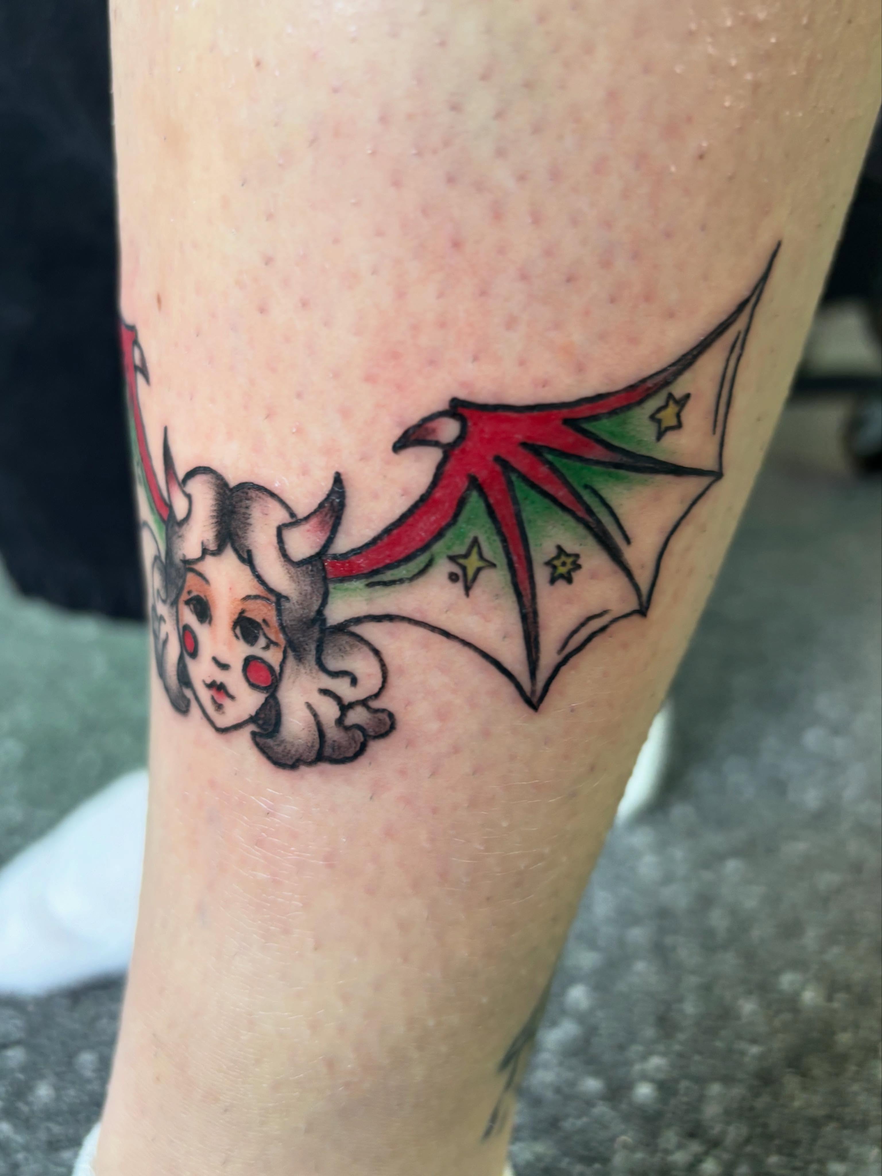 Bat and girl American traditional tattoo on the forearm by Hiro Robinson