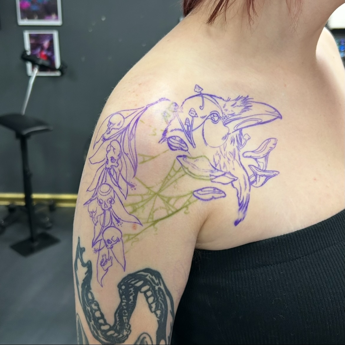 Gothic fantasy creature dark realism tattoo on the shoulder by Maara Martinez