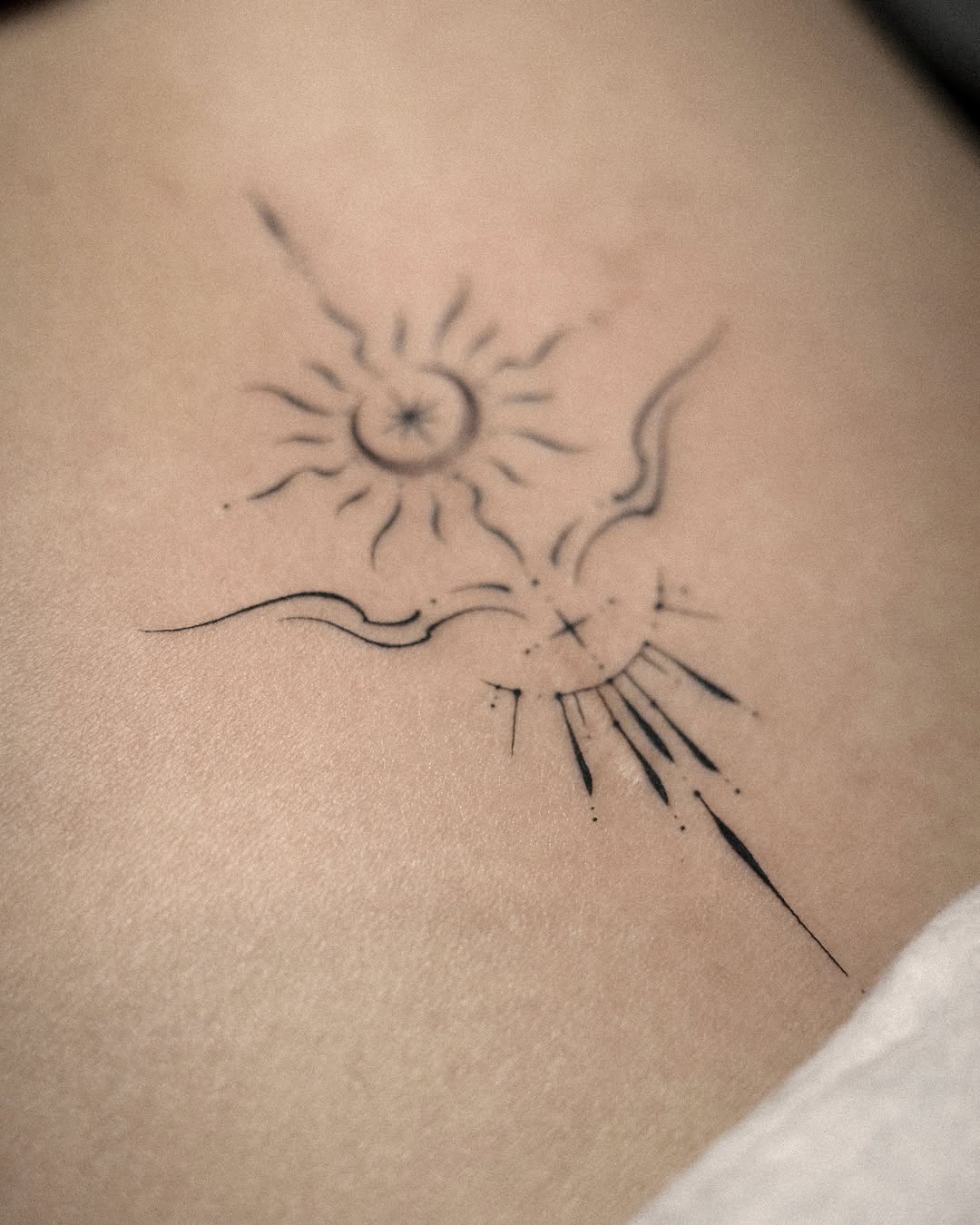 Sun and moon abstract cyber sigilism tattoo on the torso by Easy