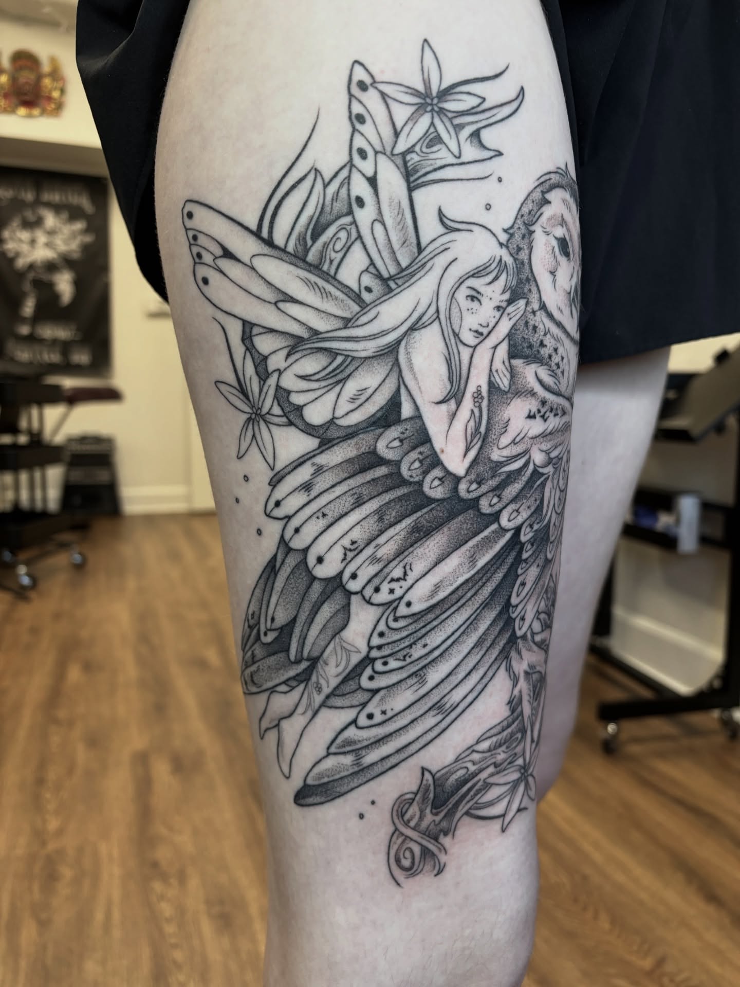 Fairy with wings realism tattoo on the thigh by katie, Seattle, Washington