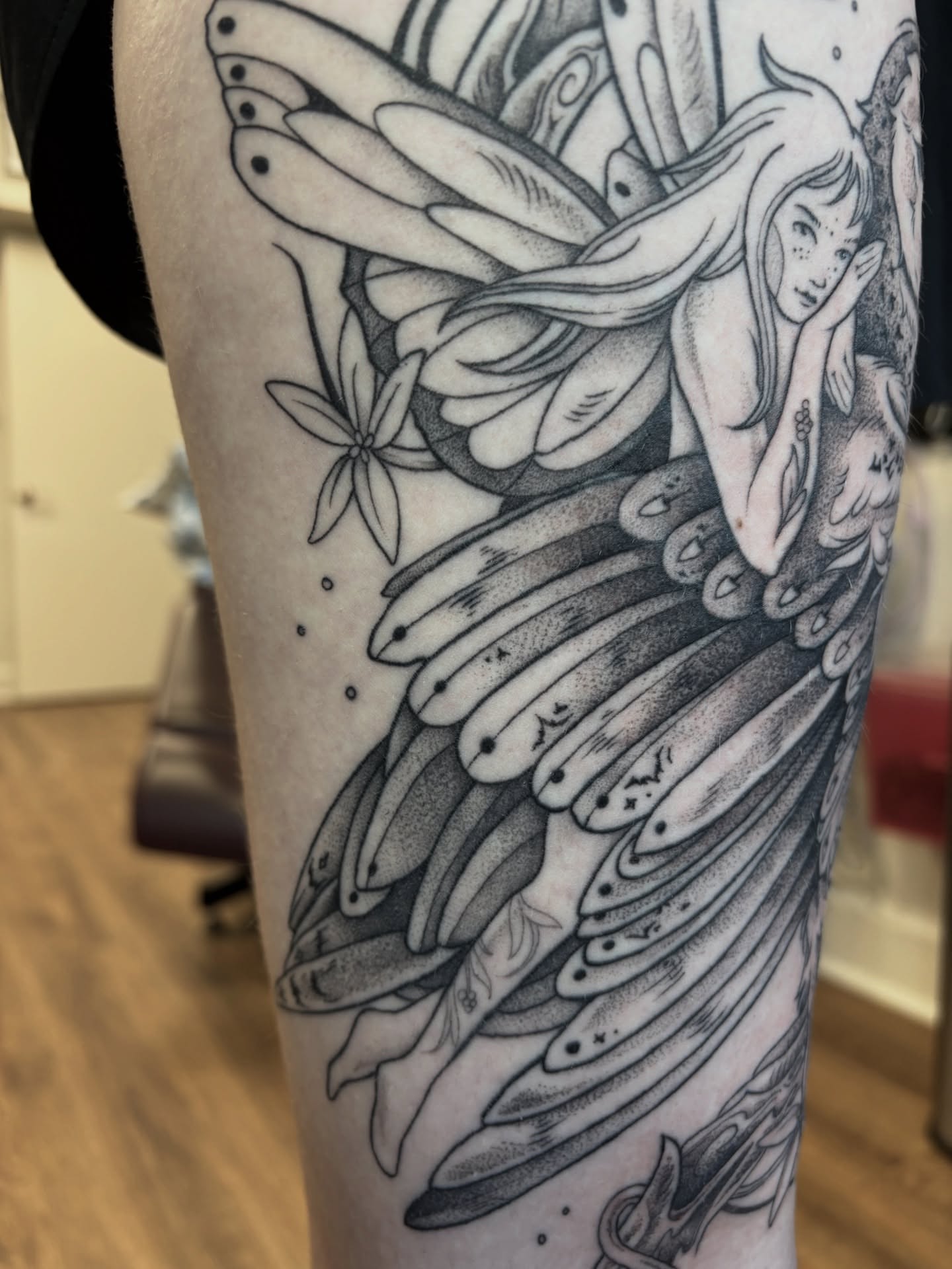 Fairy with wings dotwork tattoo on the forearm by katie, Seattle, Washington