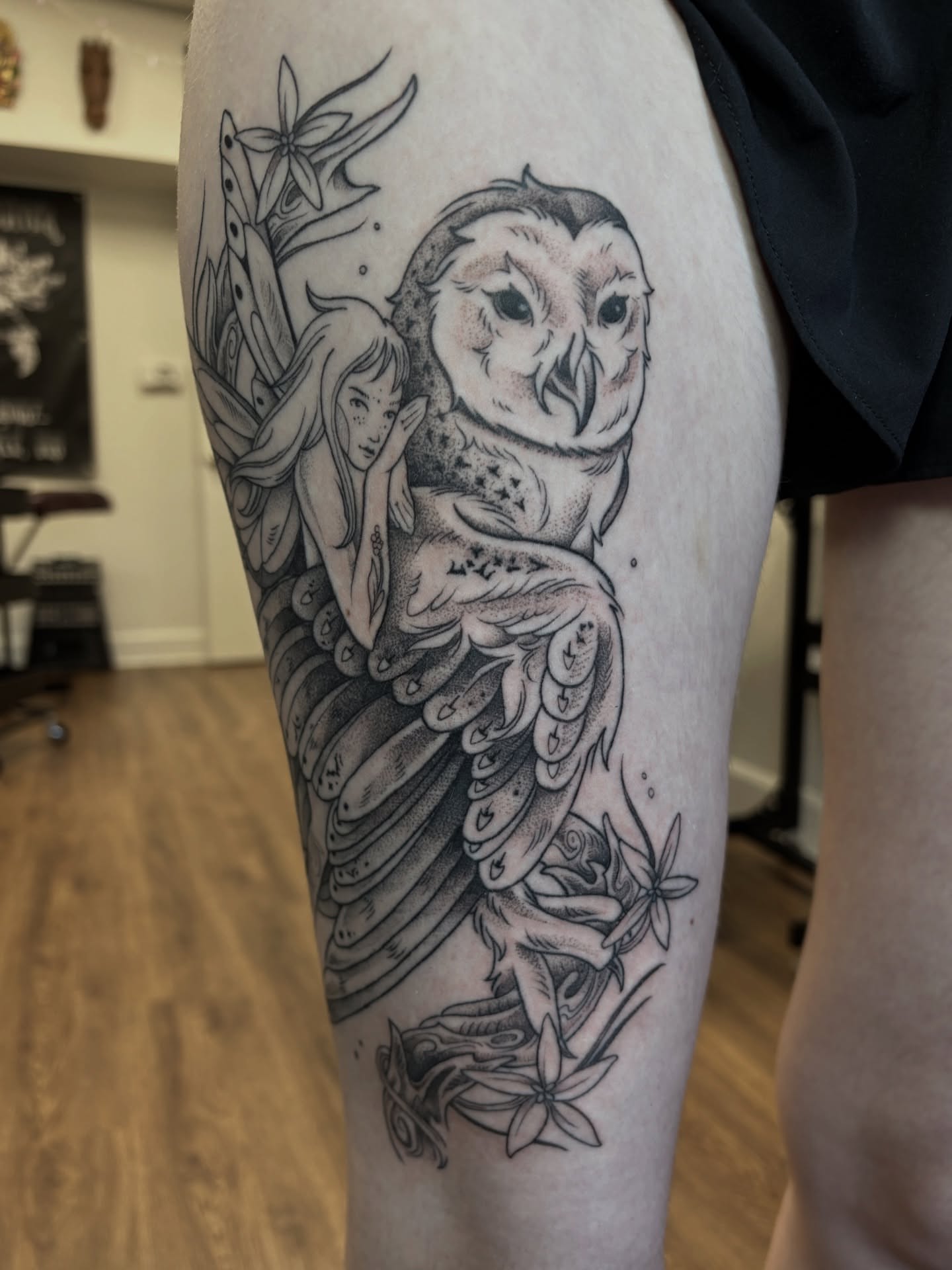 Owl and girl dotwork tattoo on the thigh by katie, Seattle, Washington