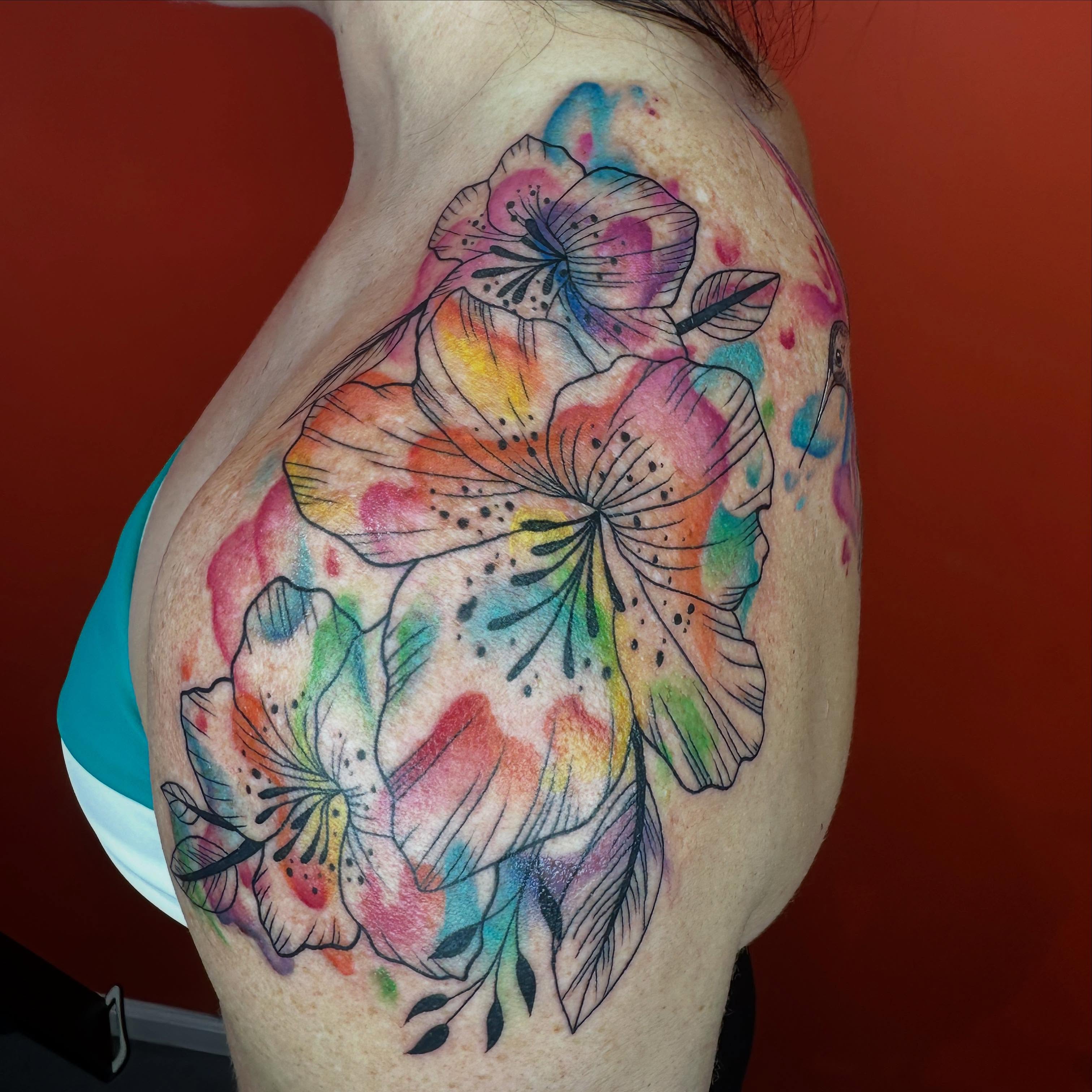 Watercolor flowers watercolor tattoo on the shoulder by 𝕳𝖆𝖓𝖓𝖆𝖍 𝕮𝖆𝖓𝖋𝖎𝖊𝖑𝖉 ✨ Memphis Tattoo Artist, Memphis, Tennessee
