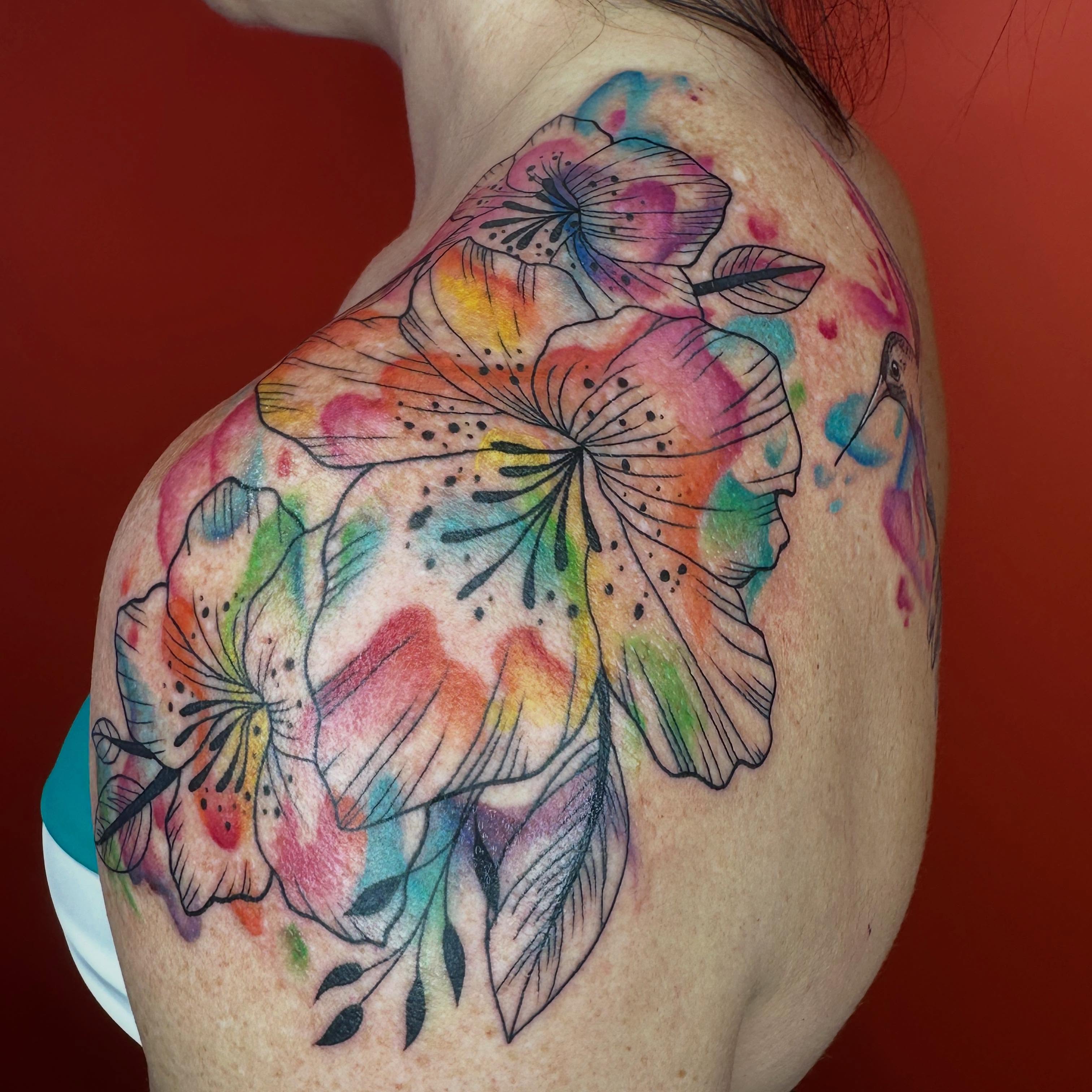 Watercolor flowers watercolor tattoo on the shoulder by 𝕳𝖆𝖓𝖓𝖆𝖍 𝕮𝖆𝖓𝖋𝖎𝖊𝖑𝖉 ✨ Memphis Tattoo Artist, Memphis, Tennessee