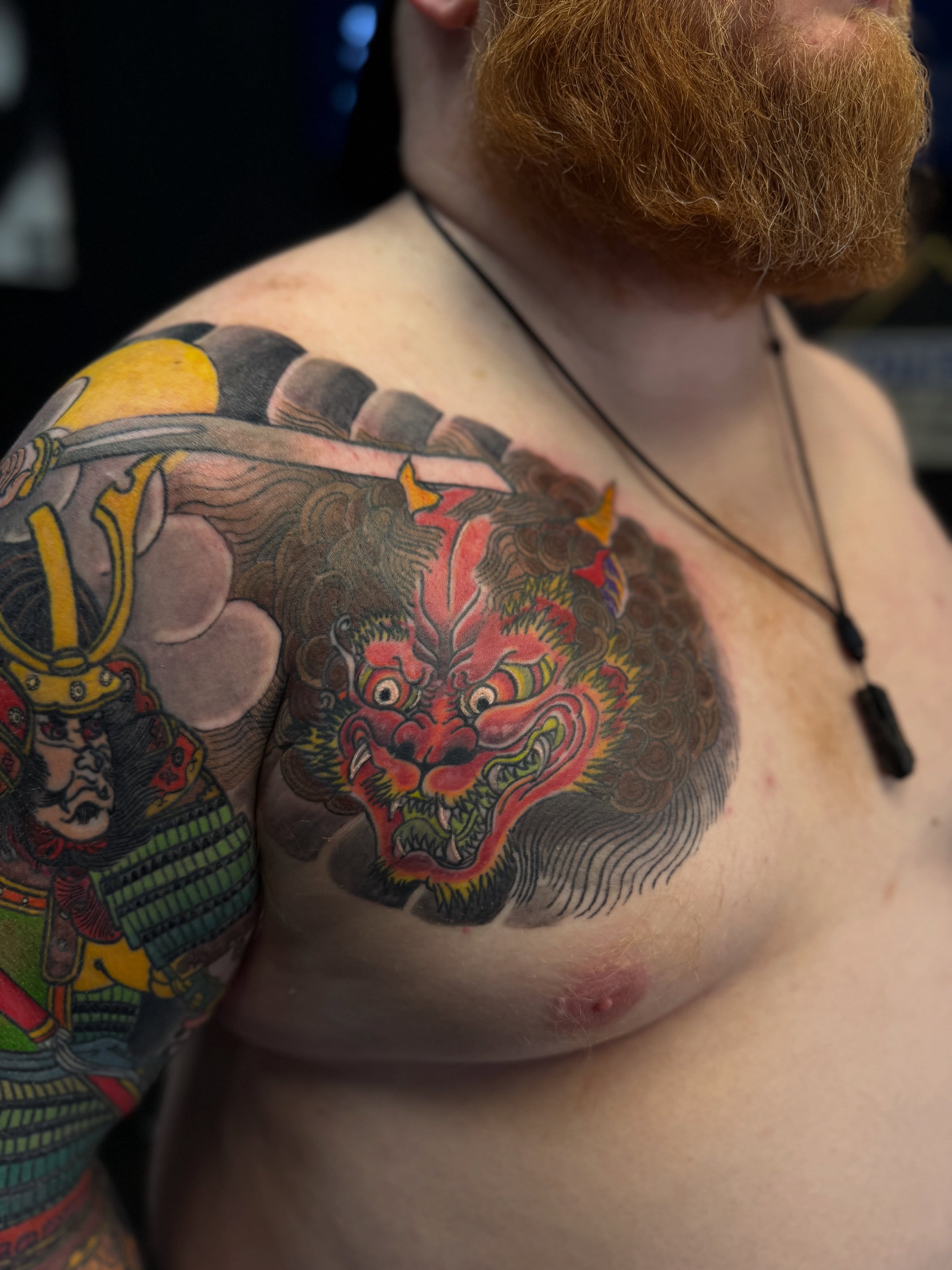 Demon head japanese irezumi tattoo on the shoulder by Zack Yang, Houston, Texas