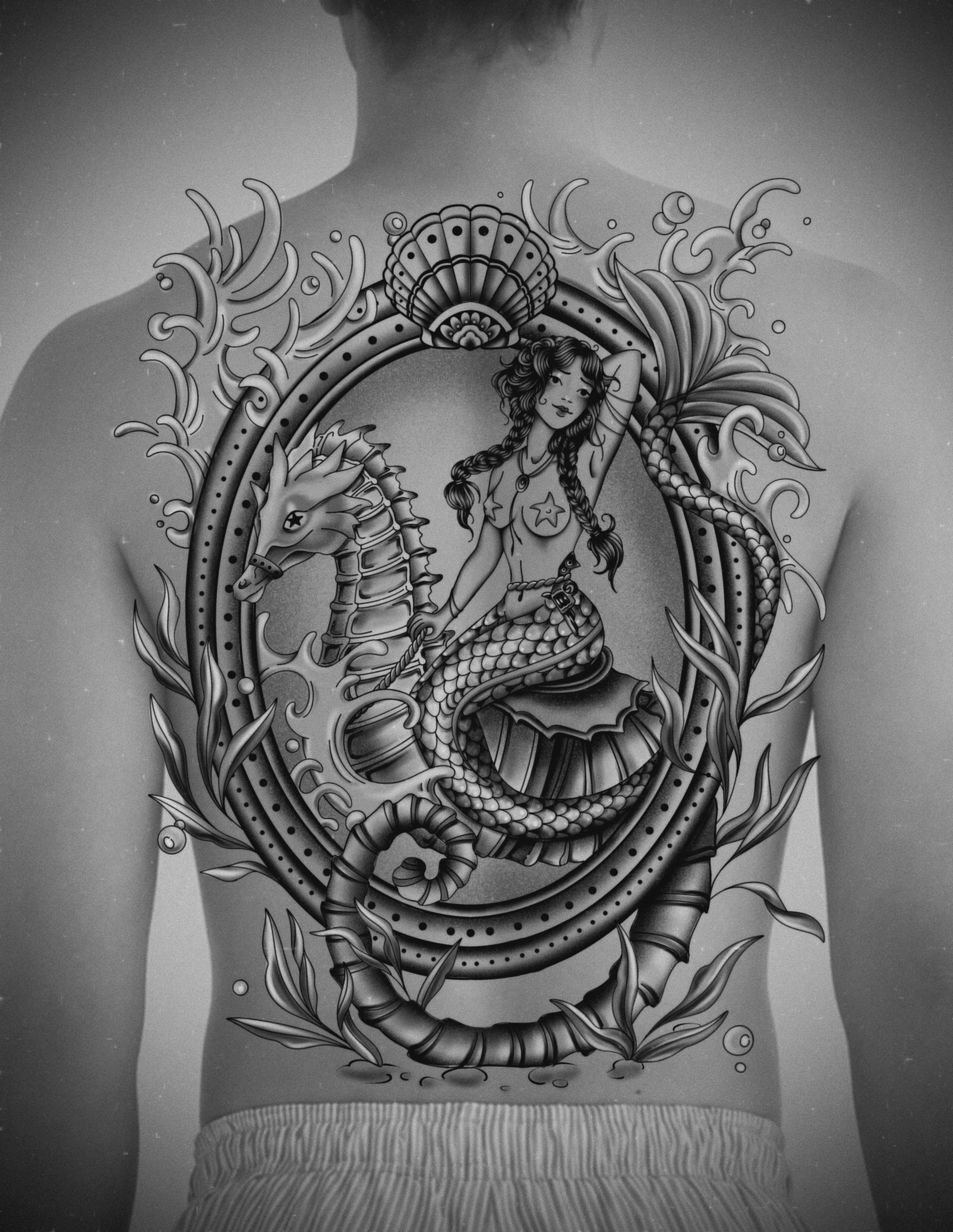 Mermaid and seahorse illustrative tattoo on the back by Genevieve Ehlers, Denver, Colorado