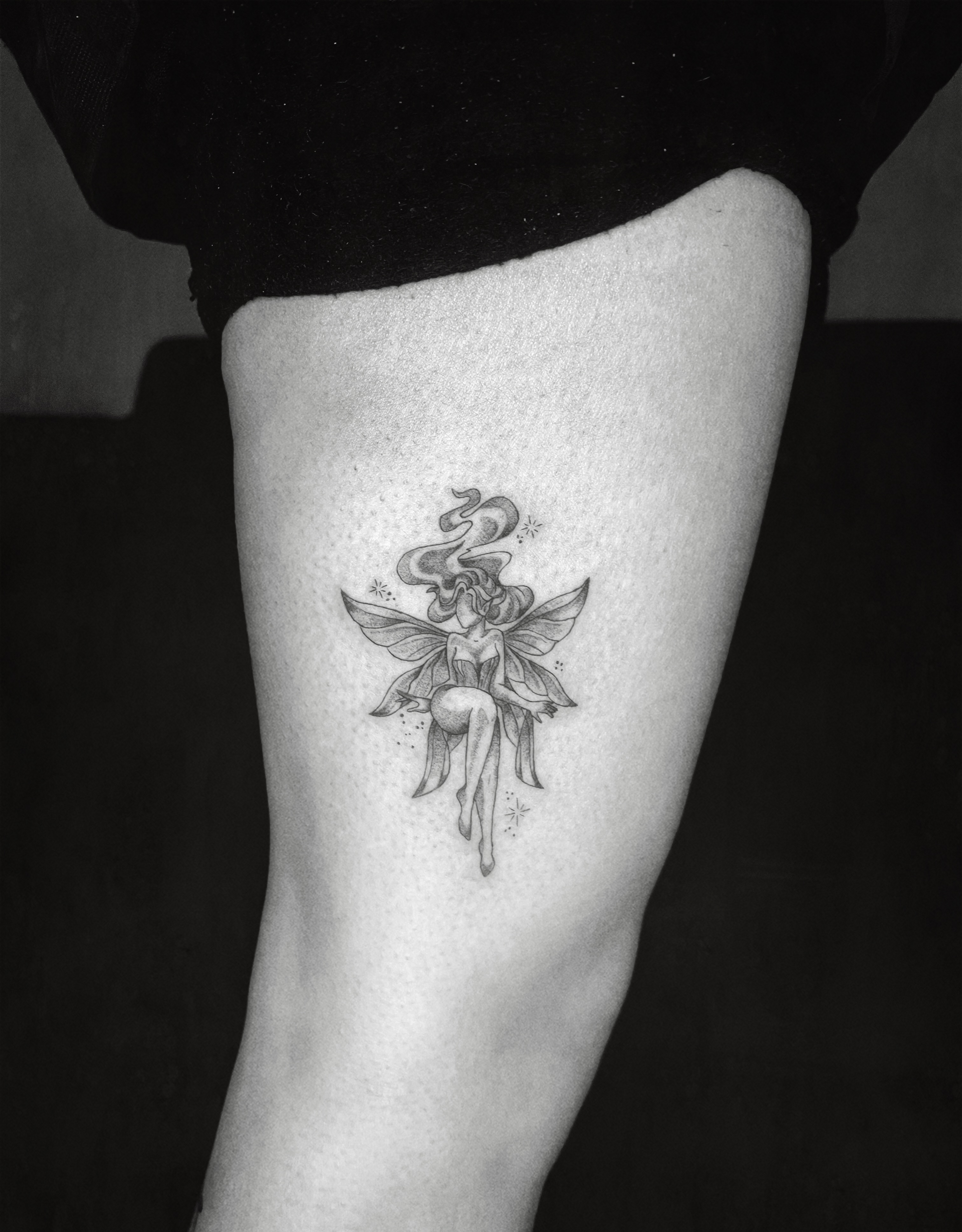 Fairy black and grey tattoo on the thigh by ๐ฆ๐๐๐ก ๐ฆ๐๐๐