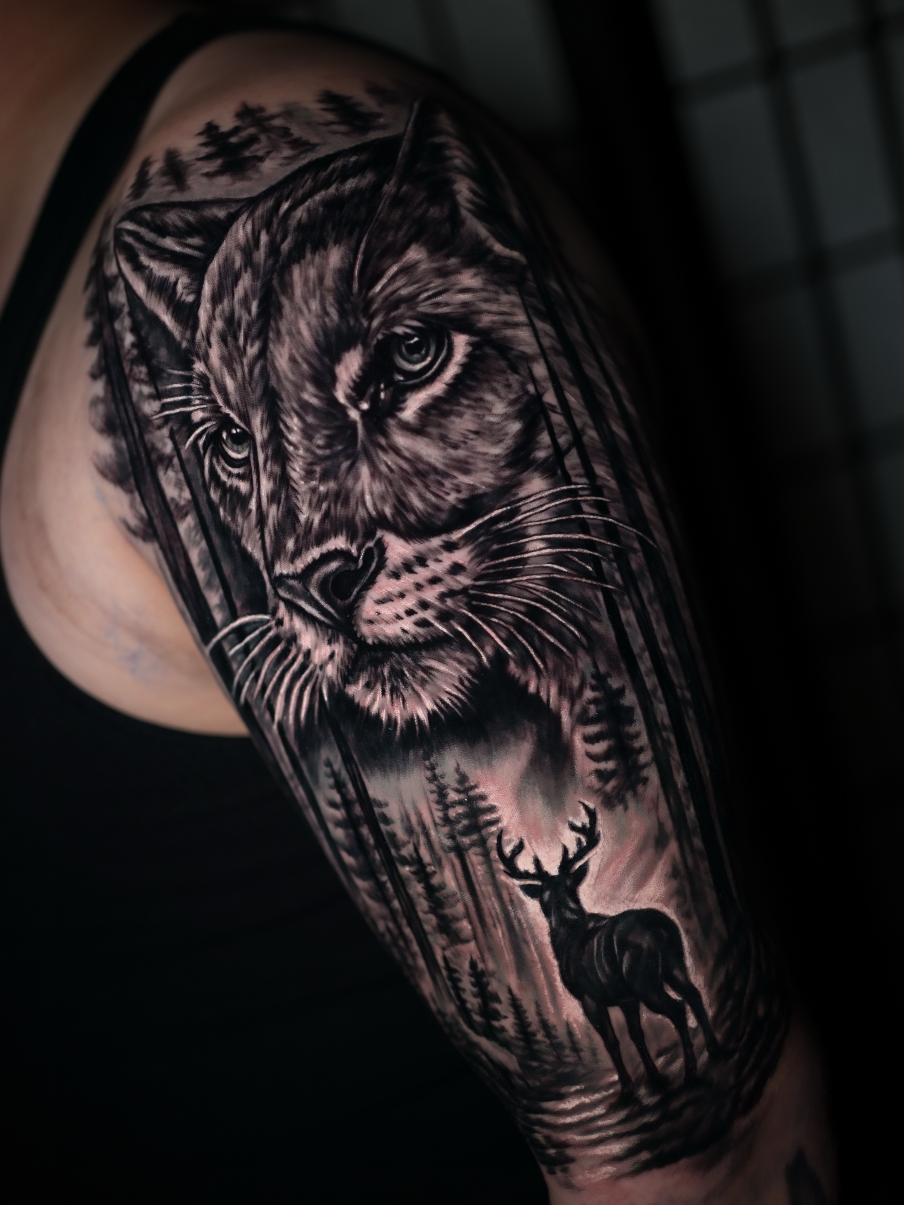 Lion and deer realism tattoo on the forearm by Juan David Arias