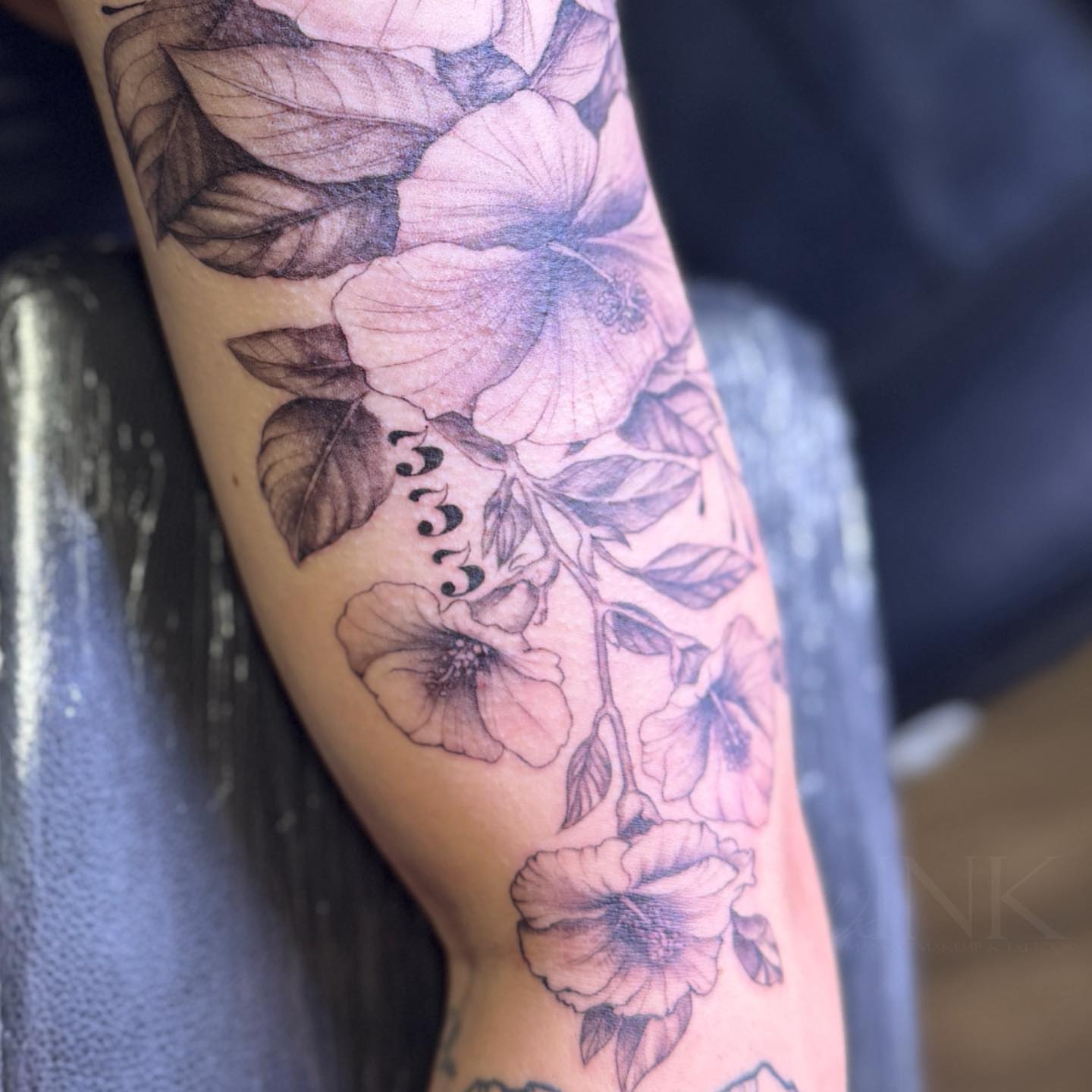 Floral bouquet black and grey tattoo on the forearm by PxINK, Crystal, Minnesota