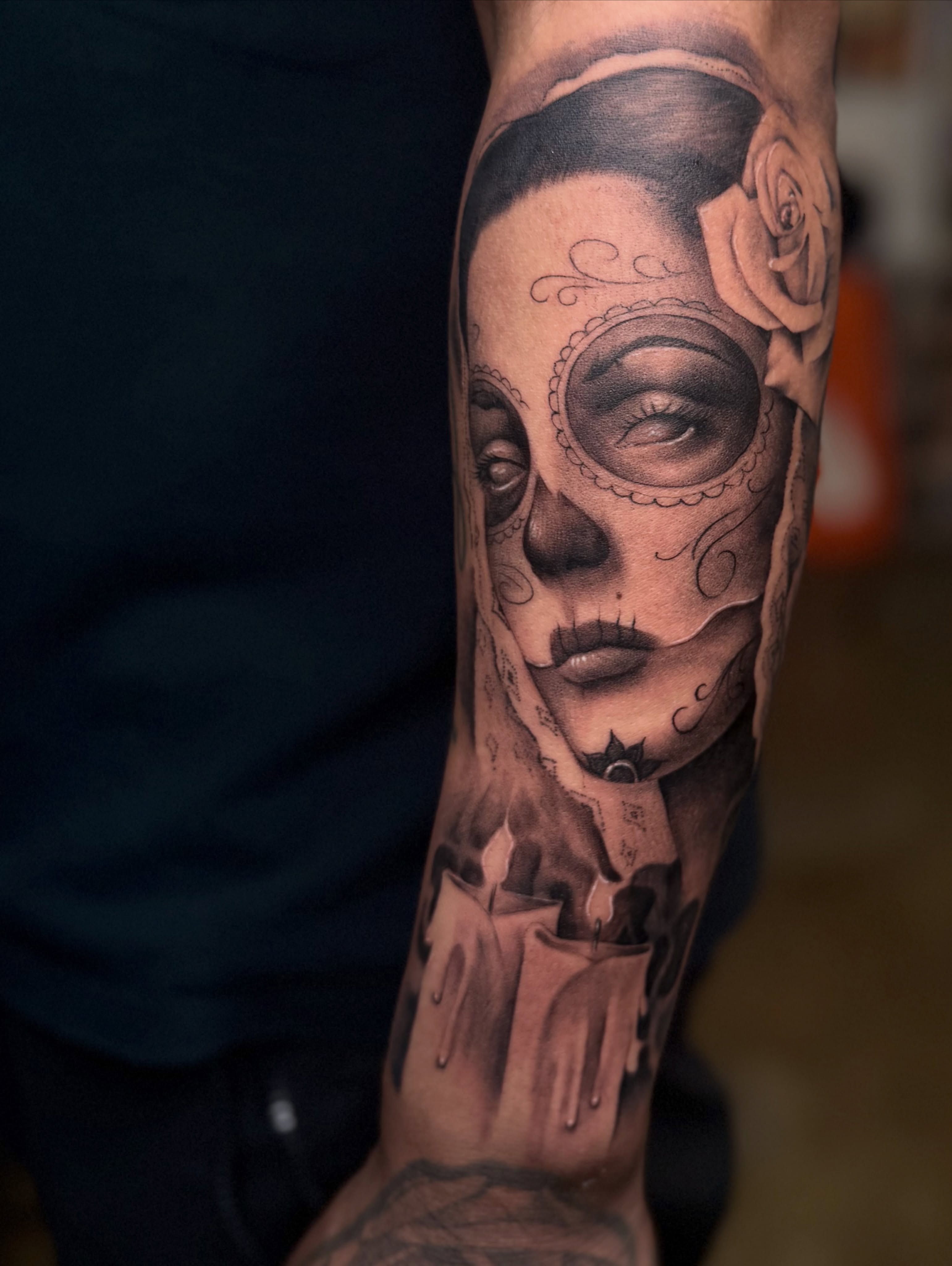 Sugar skull realism tattoo on the forearm by @divineink_nyc