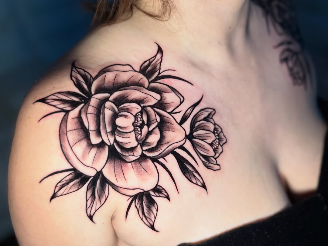 Peony black and grey tattoo on the shoulder by Quentin Stevenson, Slidell, Louisiana