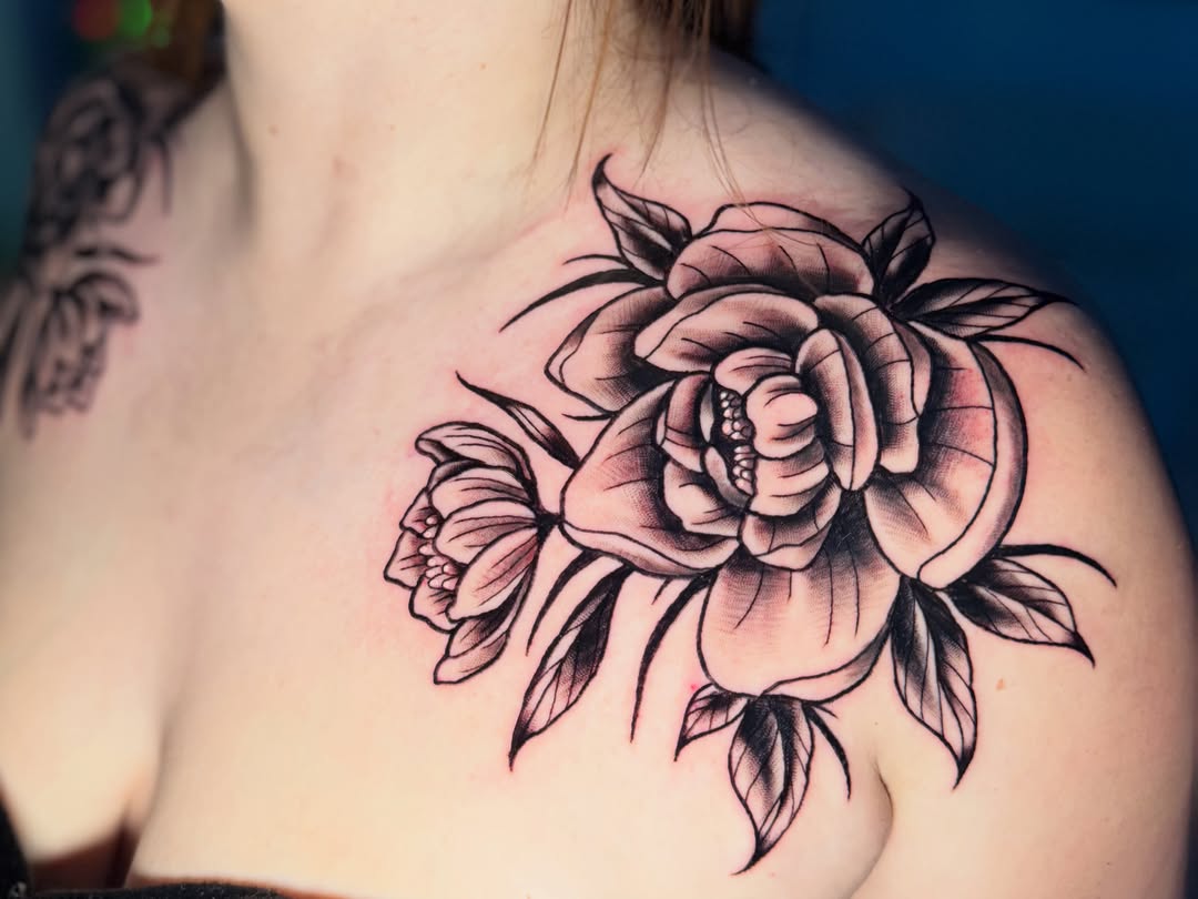Rose black and grey tattoo on the shoulder by Quentin Stevenson, Slidell, Louisiana