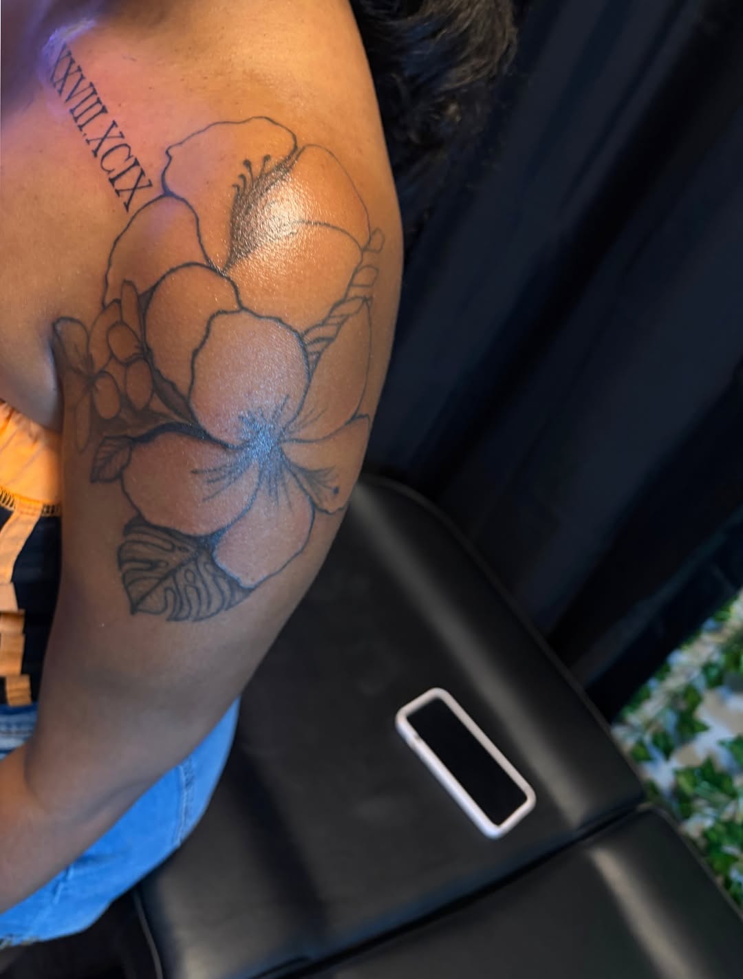 Hibiscus flowers and roman numerals tattoo on the shoulder by Khemar InspiredByLife 🇯🇲