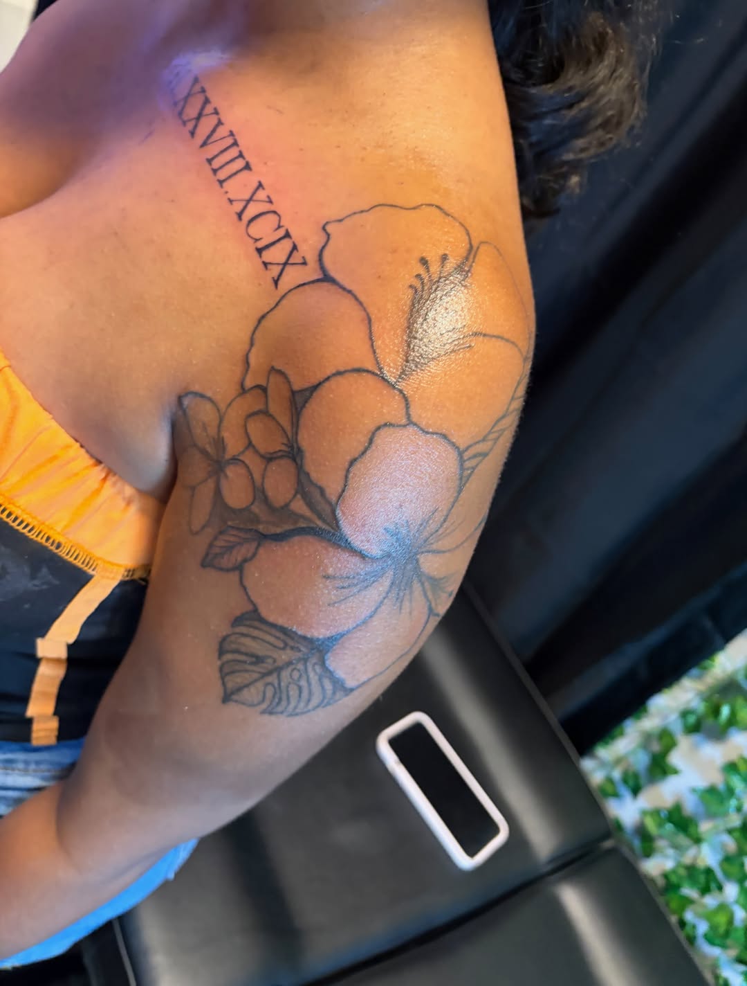 Roman numerals and flowers tattoo on the shoulder by Khemar InspiredByLife 🇯🇲