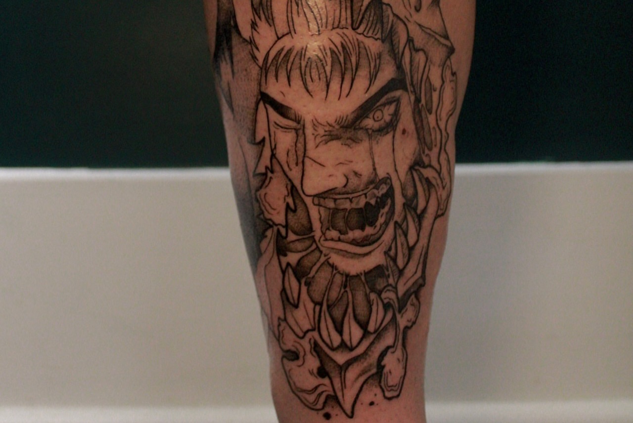 Demon face dark realism tattoo on the forearm by Lexi