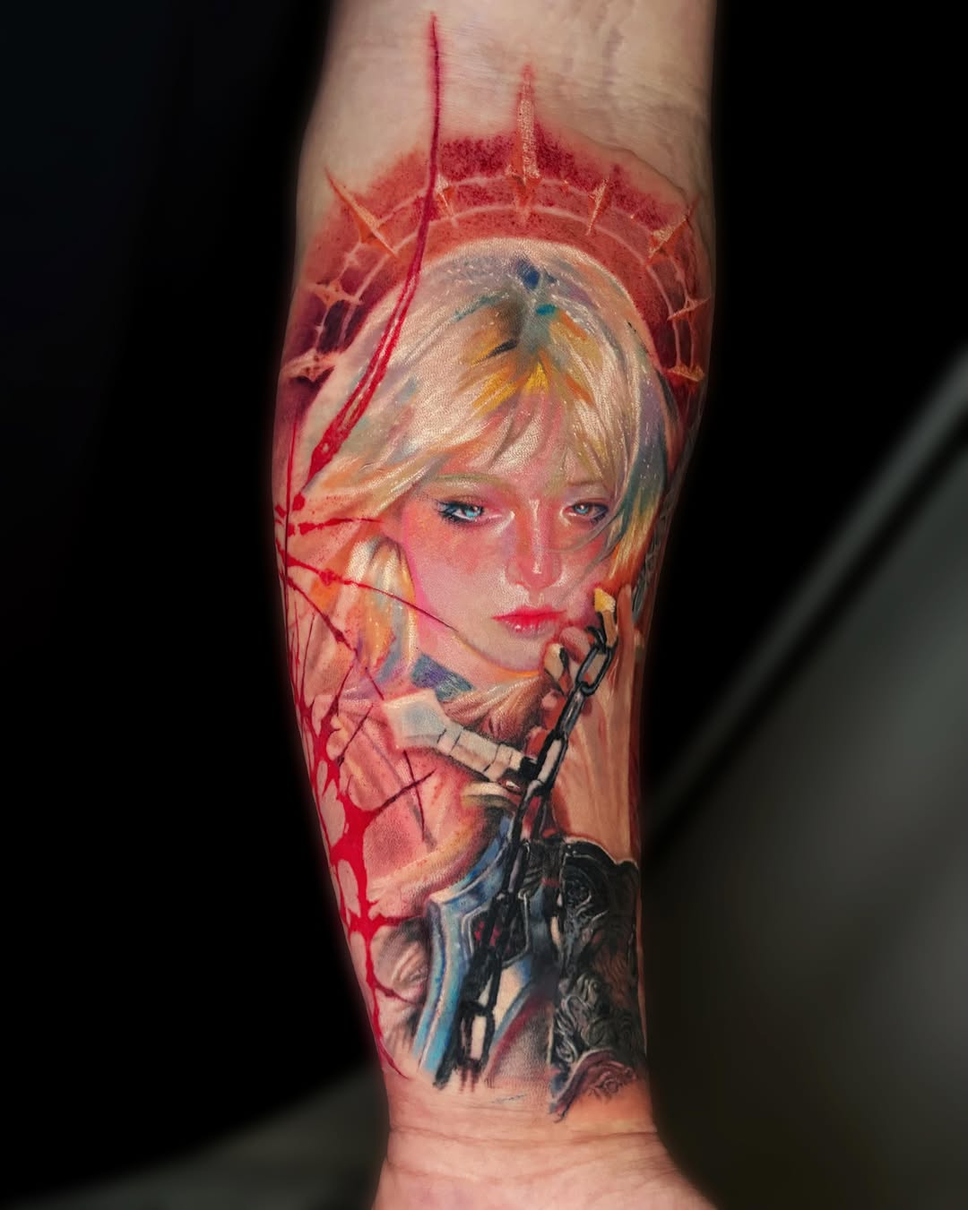 Portrait of a woman with chains surrealism tattoo on the forearm by Yu Chen