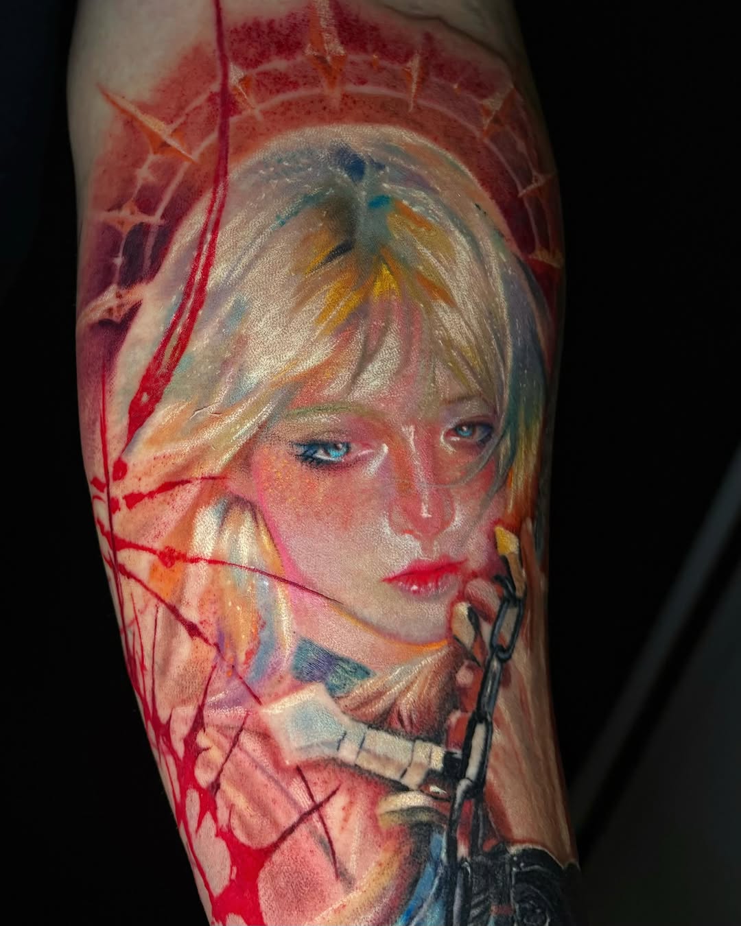 Portrait of a woman with chain surrealism tattoo on the forearm by Yu Chen