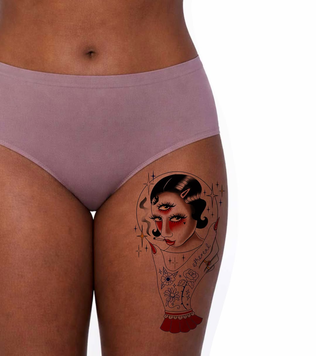 Woman with three eyes smoking tattoo on the thigh by tattooz by megz