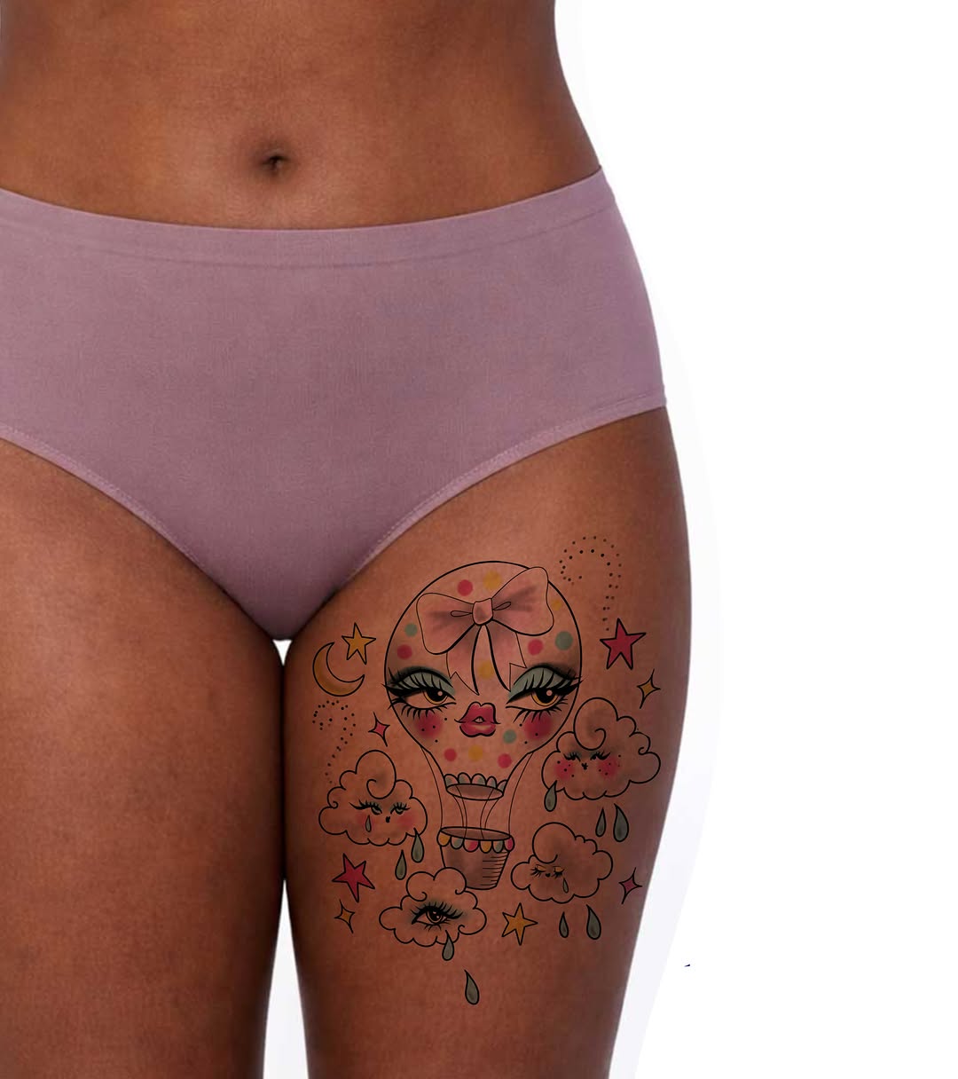 Hot air balloon with face tattoo on the thigh by tattooz by megz