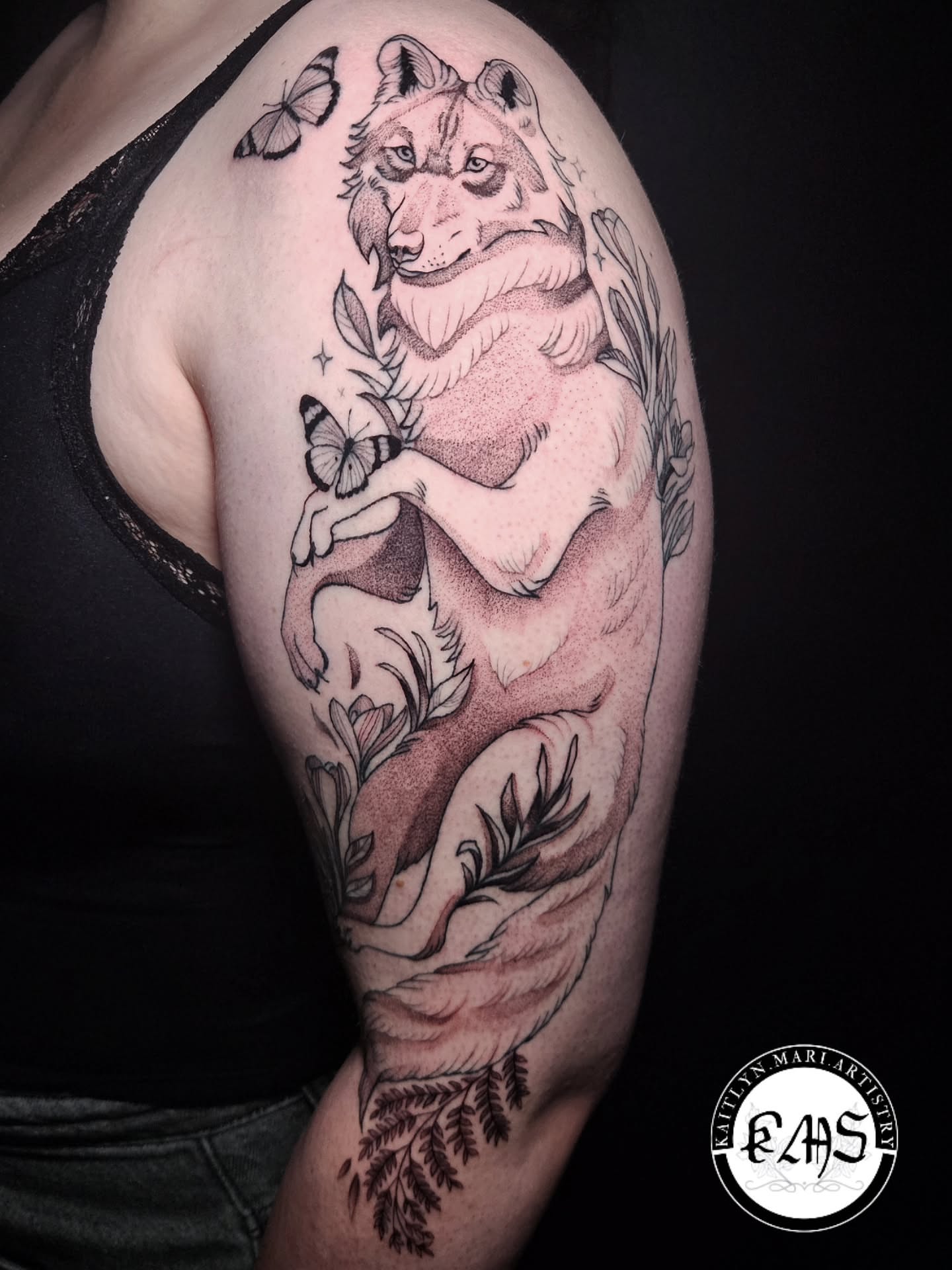 Wolf and butterflies realism tattoo on the shoulder by Kaitlyn Marianna Skewes 🌙 Illustrative