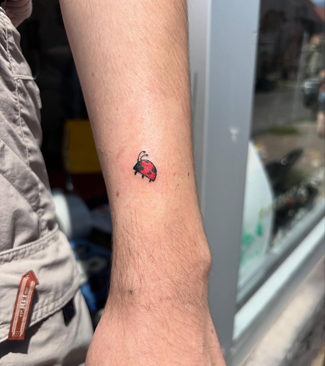 Ladybug ignorant tattoo on the forearm by riley