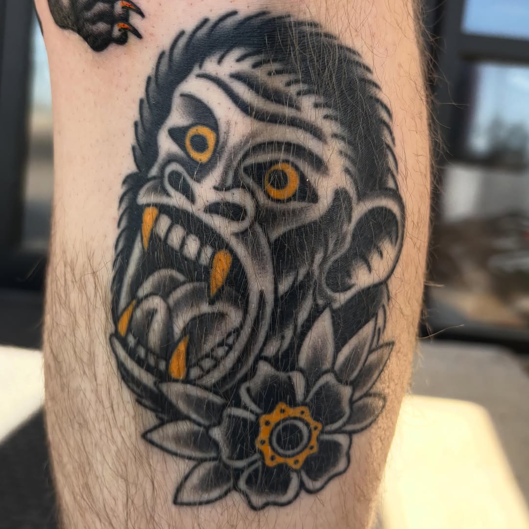 Gorilla head American traditional tattoo on the forearm by Allyson Monique
