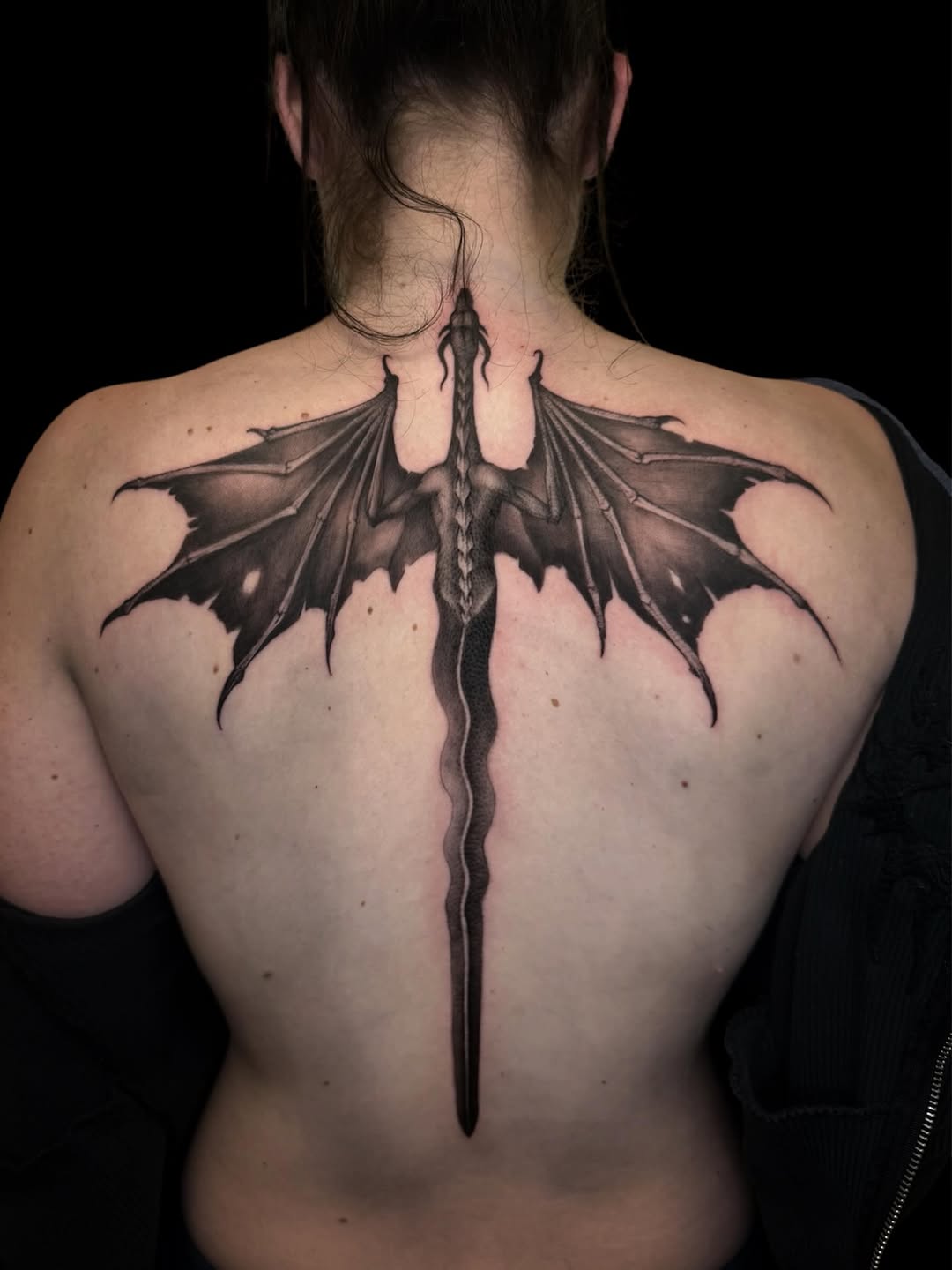 Dragon sword cyber sigilism tattoo on the back by Brennan Walker, Orem, Utah