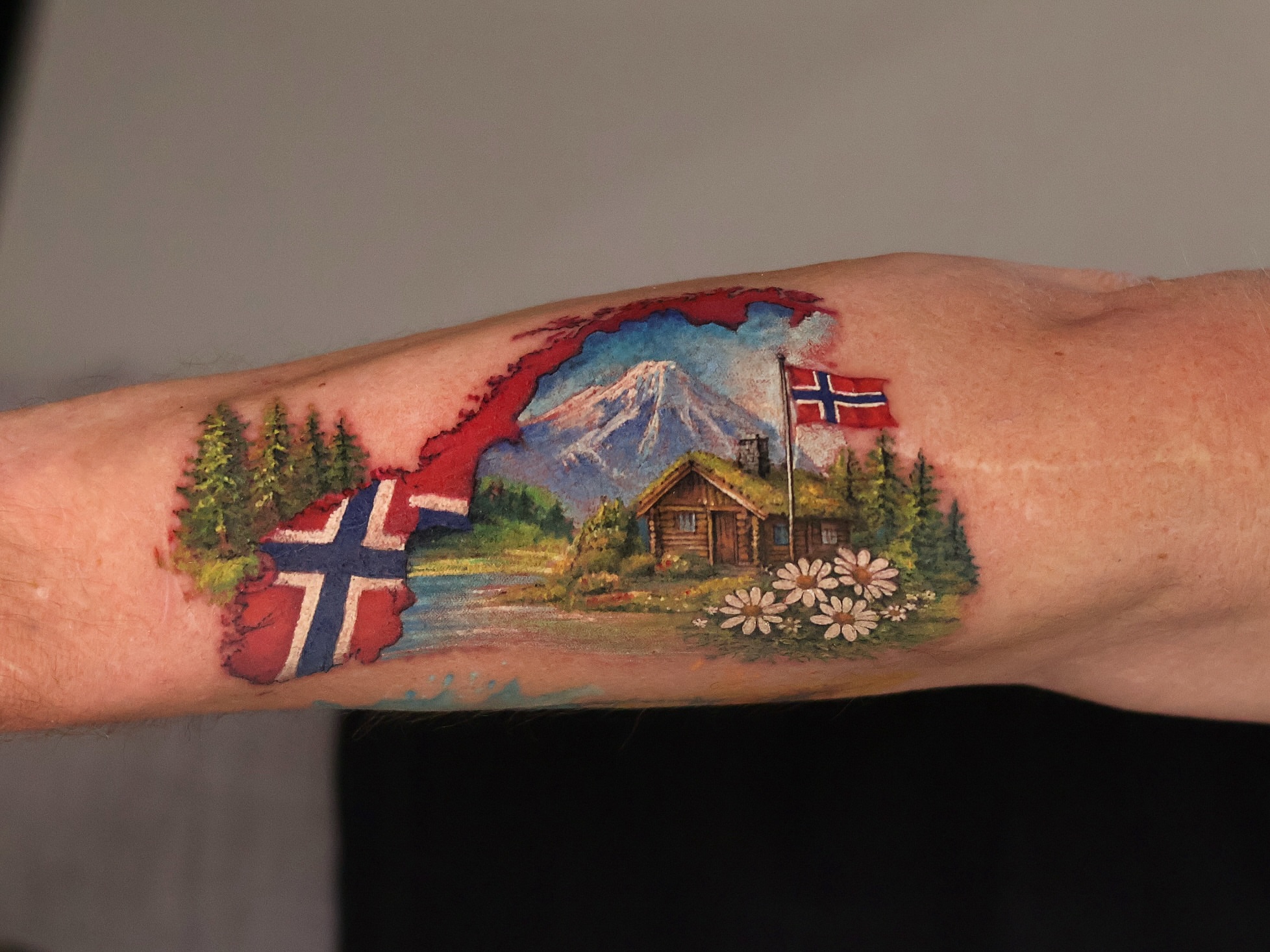 Norwegian landscape realism tattoo on the forearm by 𝒀𝒖𝒏𝒎𝒊 𝑷𝒂𝒓𝒌