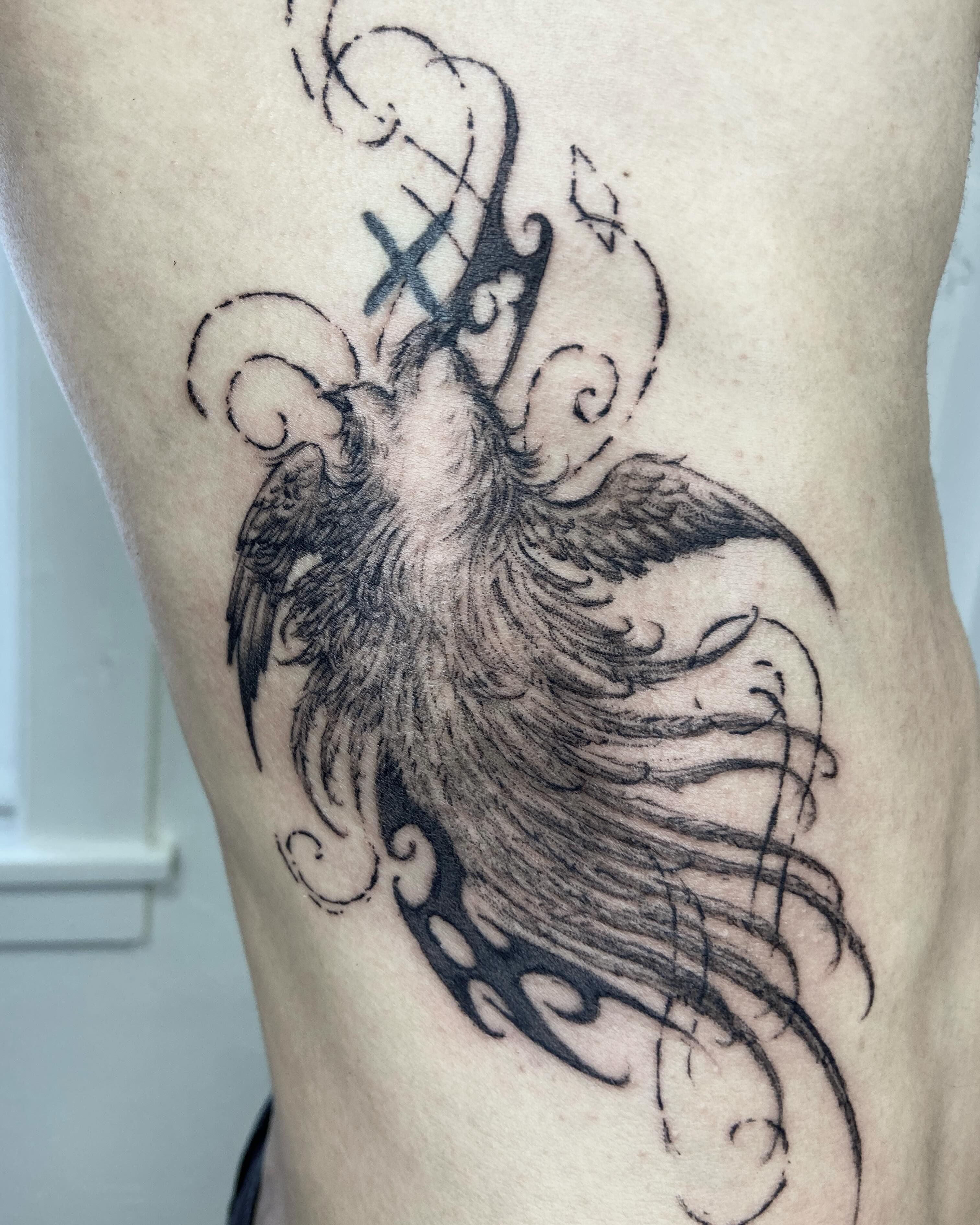 Phoenix black and grey tattoo on the thigh by ༒ ₐₙ𝓰ₑₗₐ  ༒