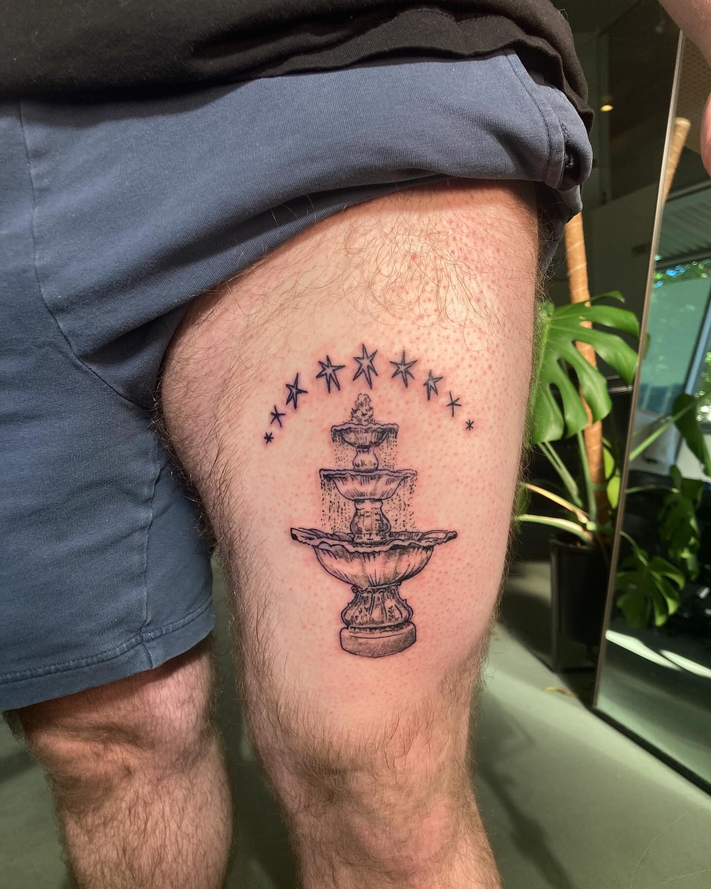 Fountain dotwork tattoo on the thigh by james <3