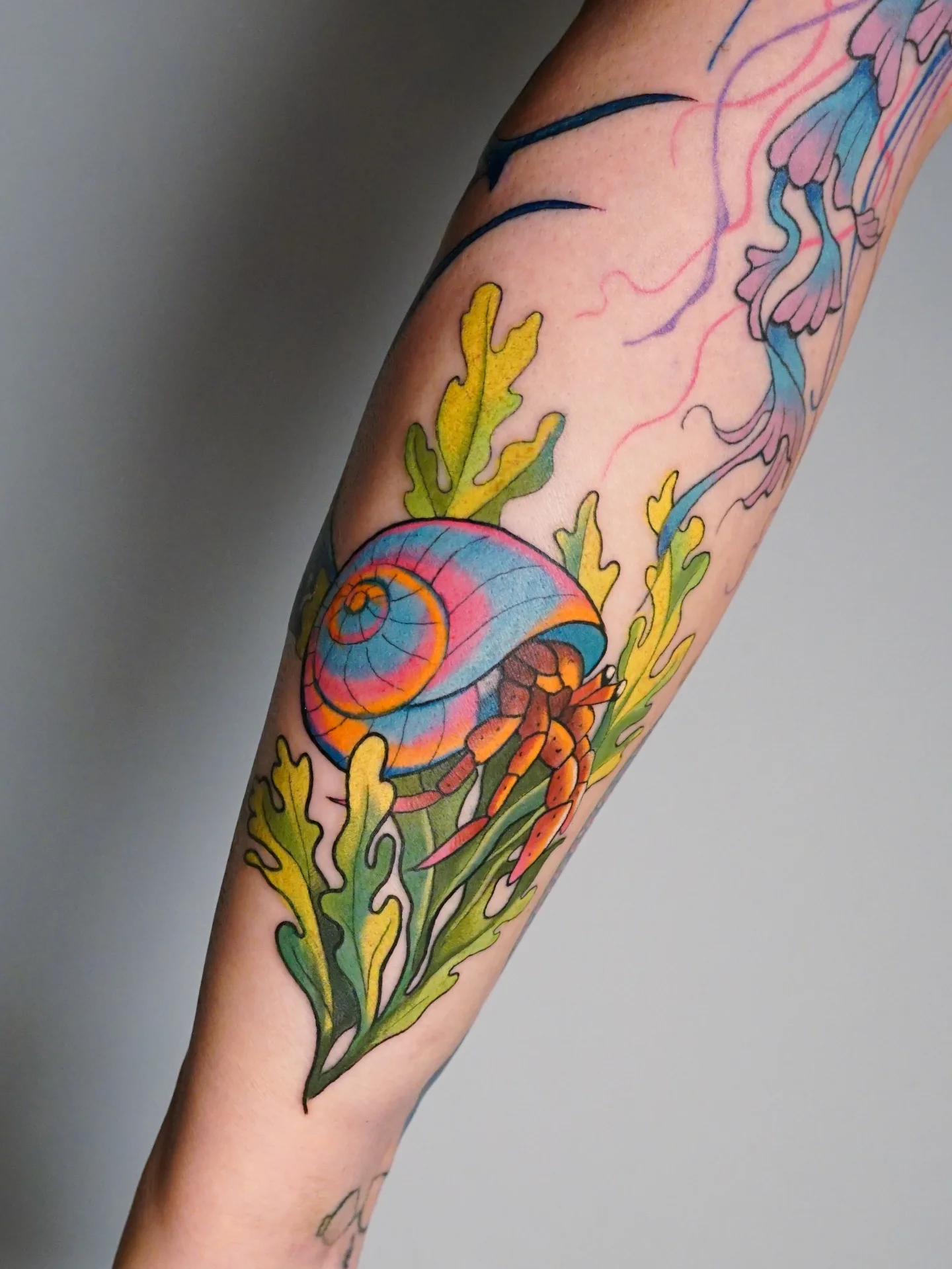 Hermit crab and seashell new school tattoo on the forearm by kylie, San Antonio, Texas