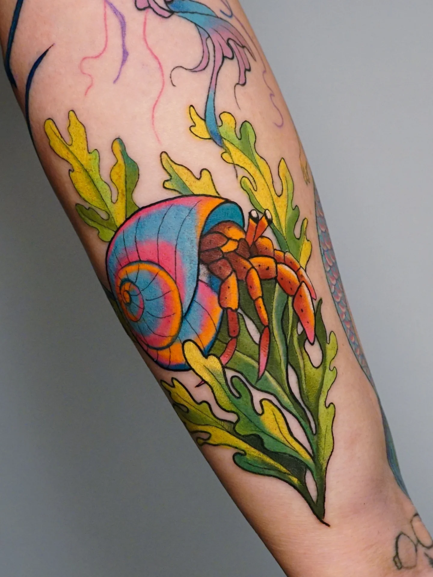 Hermit crab new school tattoo on the forearm by kylie, San Antonio, Texas