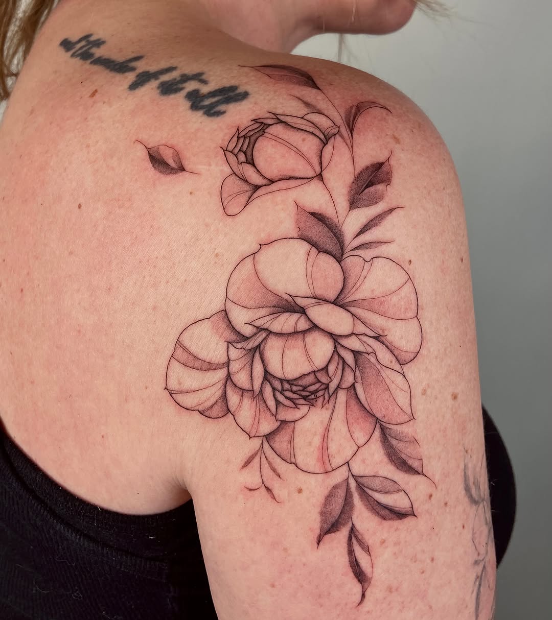 Peonies sketch tattoo on the shoulder by Mari