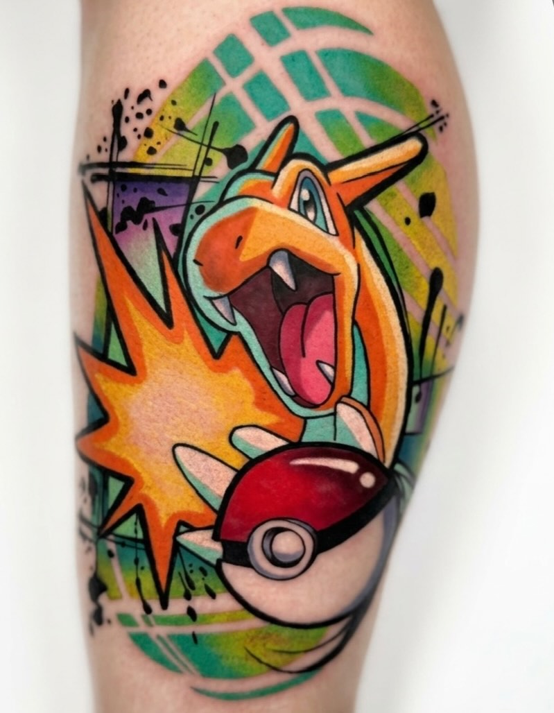 Charizard from Pokemon with Pokeball new school tattoo on the forearm by Tattoo Bam Bam