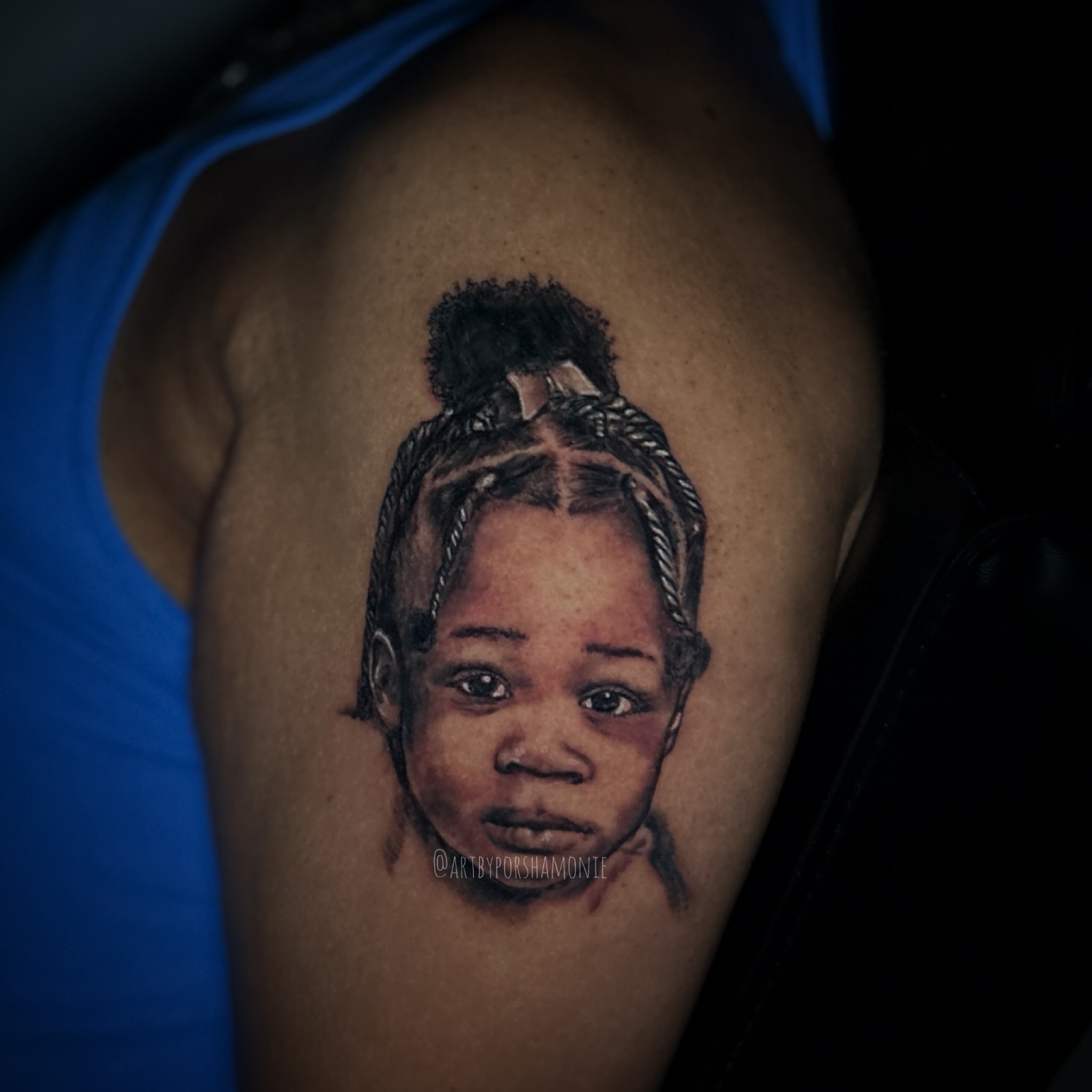 Child portrait realism tattoo on the shoulder by Porshamonie' THE Tattoo ARTIST