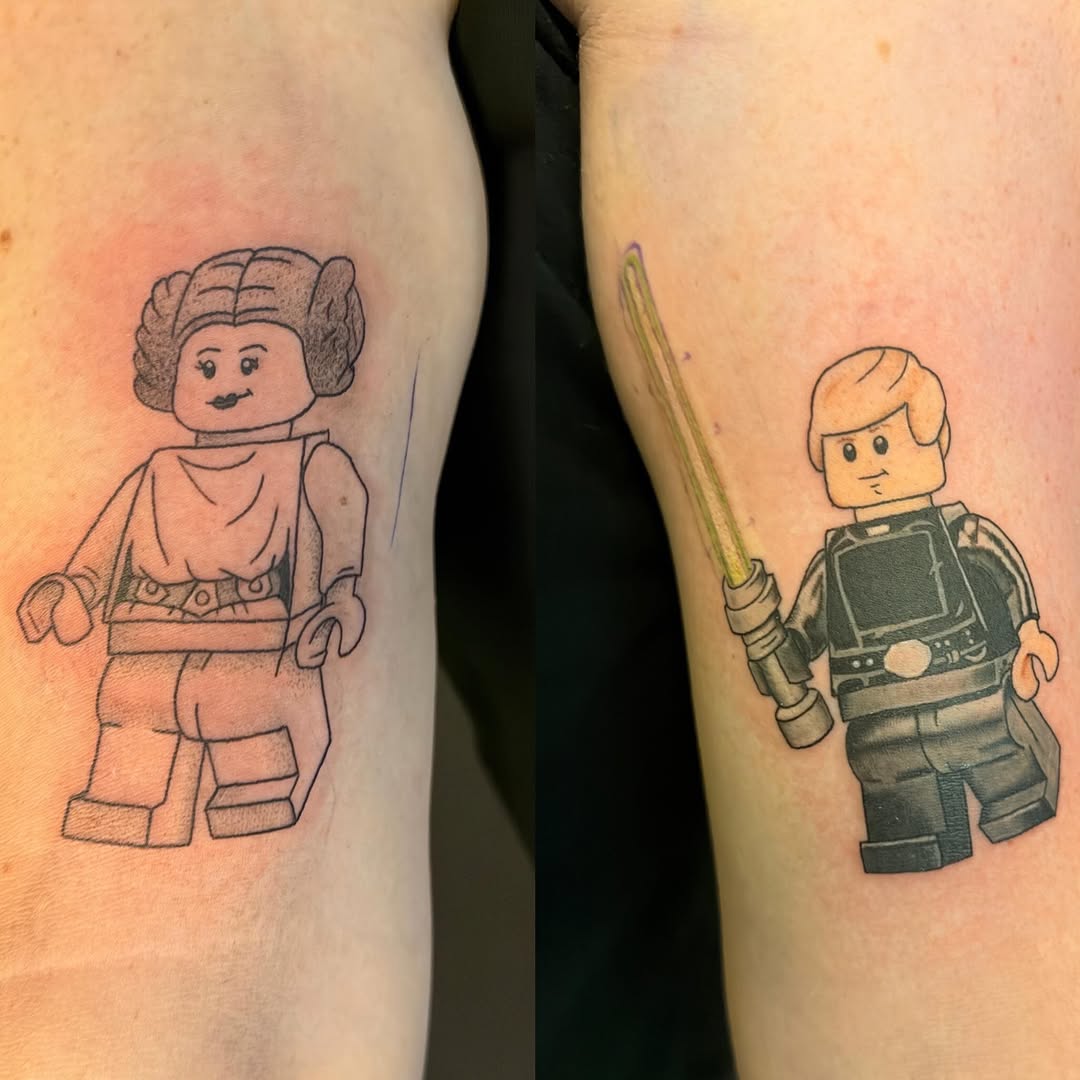 Lego Princess Leia and Luke Skywalker new school tattoo on the forearm by Scout Meyer