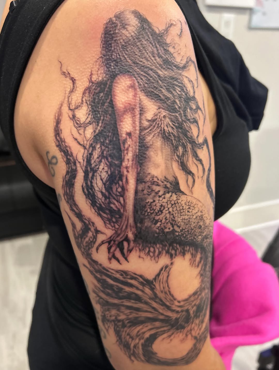 Tattoo by @jbtattooartistry — dark_realism, black_and_grey