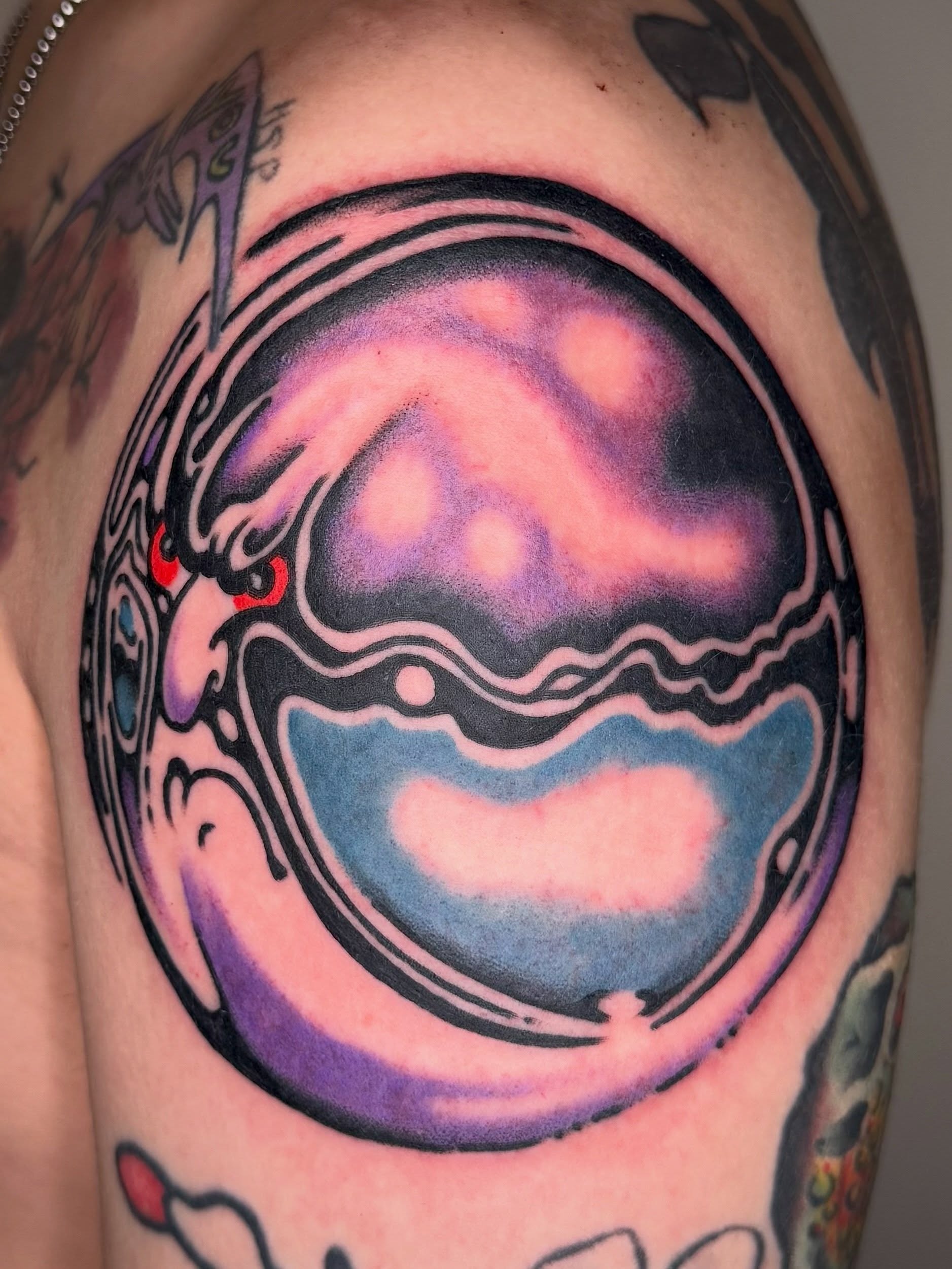 Abstract cosmic scene dotwork tattoo on the shoulder by Maximilian Harrison