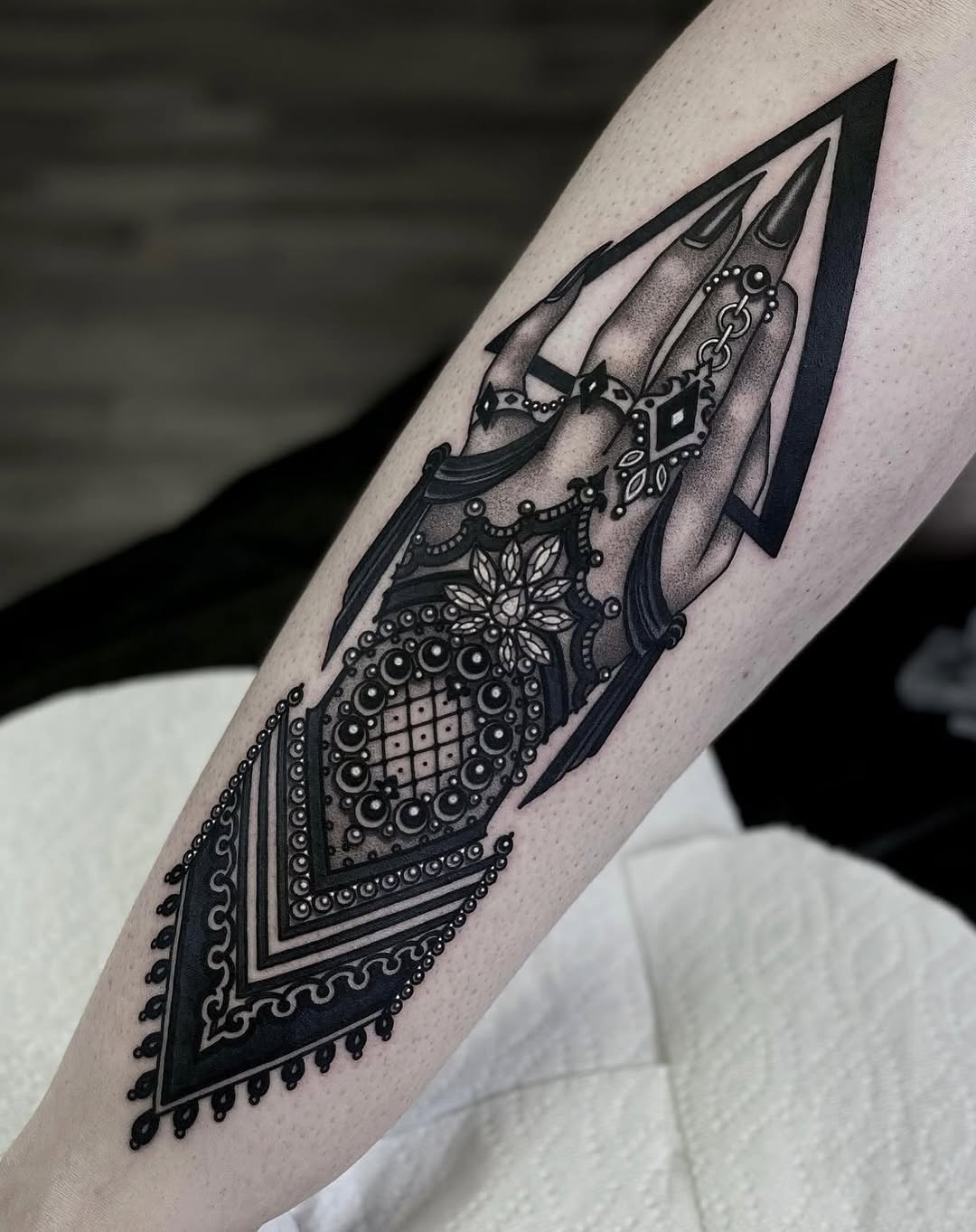 Tattoo by @black_casket — black_and_grey, ornamental