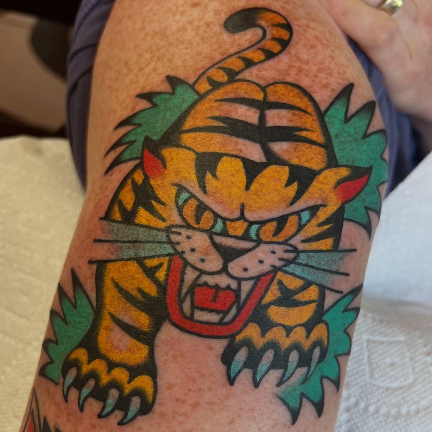 Tiger American traditional tattoo on the forearm by ⛓️ L̷i̷n̷n̷e̷a̷⛓️, Las Vegas, Nevada