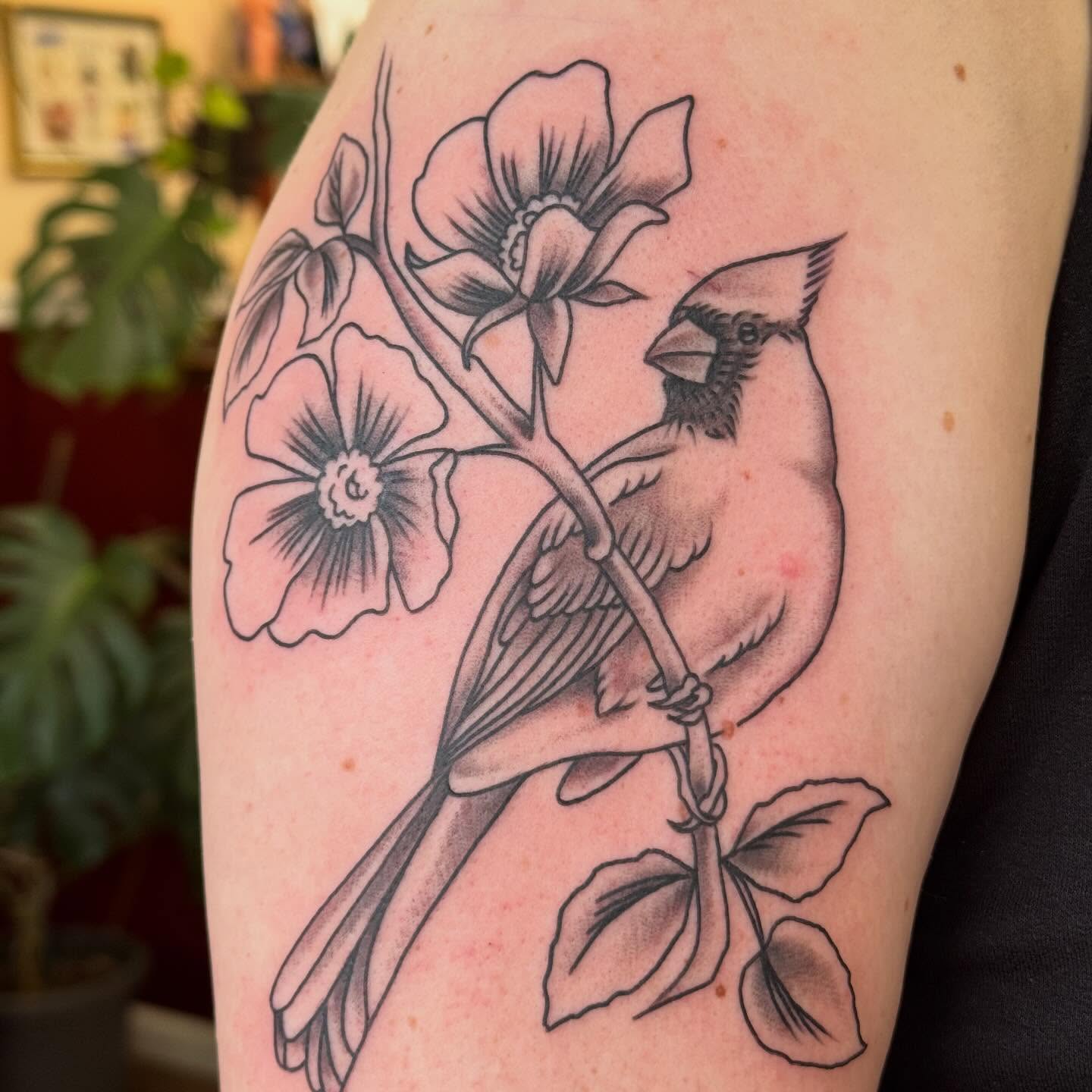 Bird and flowers realism tattoo on the upper arm by katie lou, Norwich, Connecticut