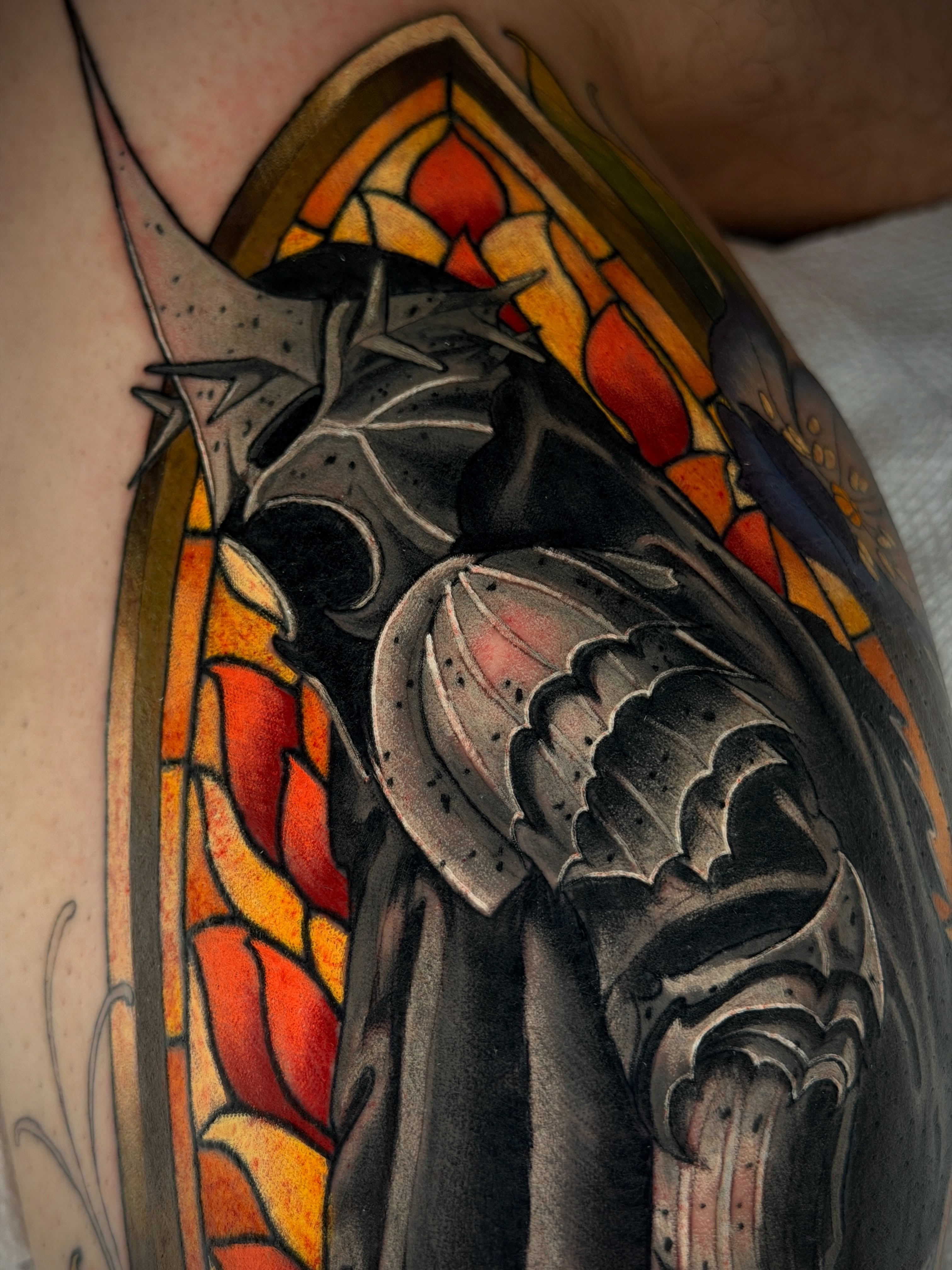 Stained glass knight American traditional tattoo on the shoulder by Rebecca Joy ❋ Tattoo Artist