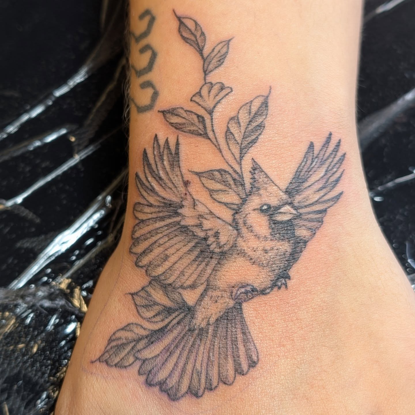 Bird black and grey tattoo on the forearm by Chad Nuber