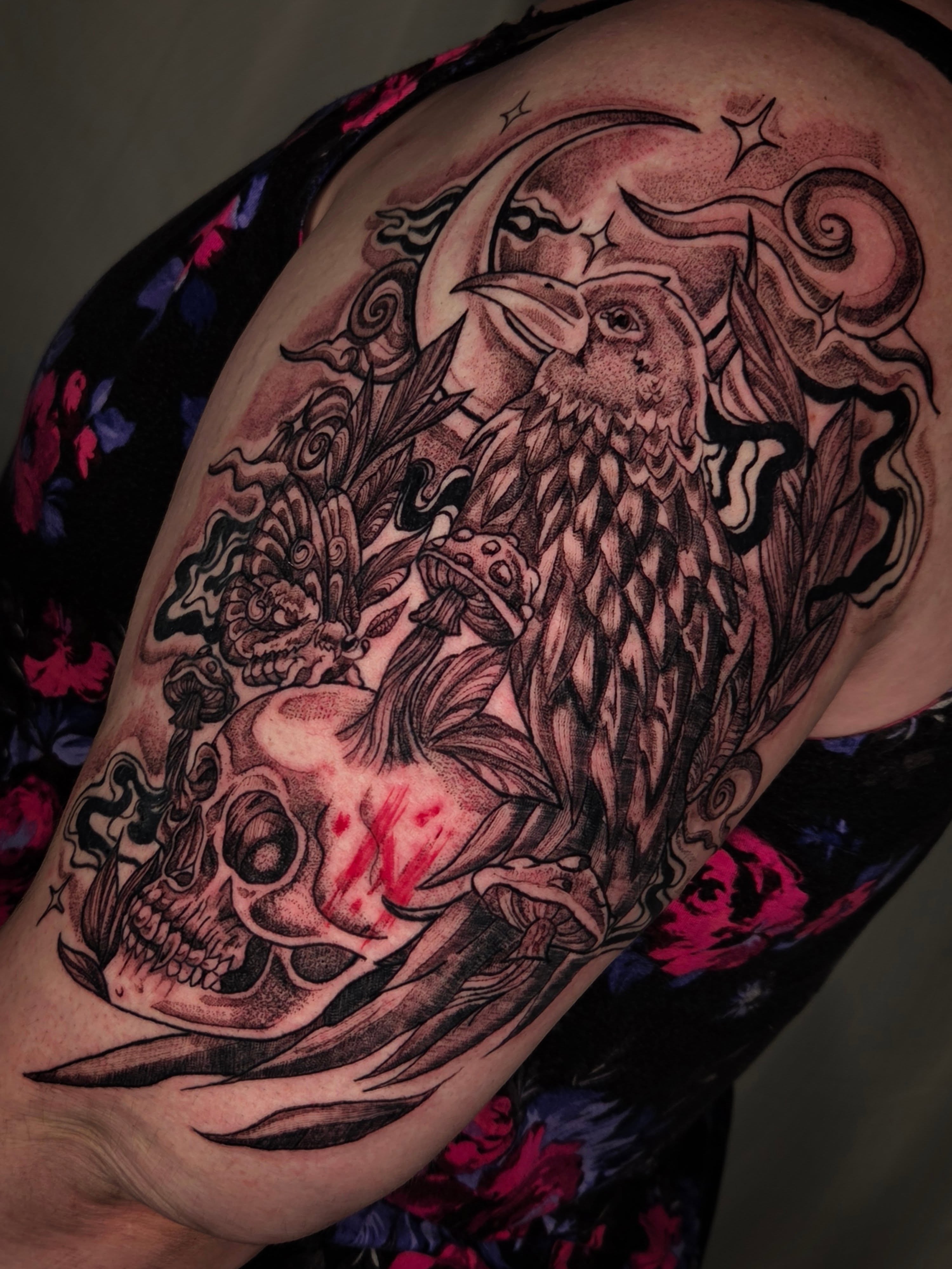 Owl and skull realism tattoo on the shoulder by Devin 🖤