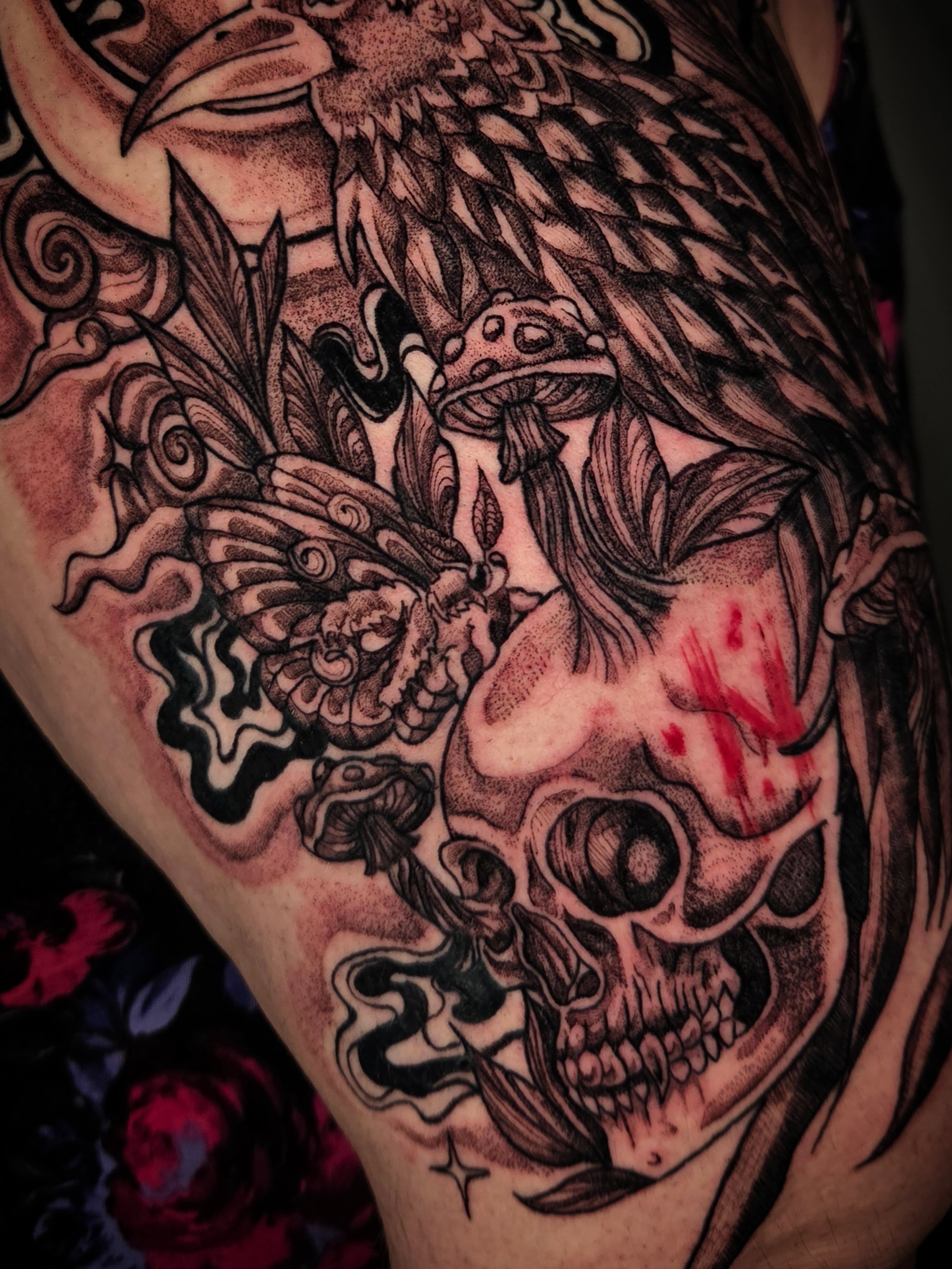 Skull with eagle and mushrooms dark realism tattoo on the shoulder by Devin 🖤
