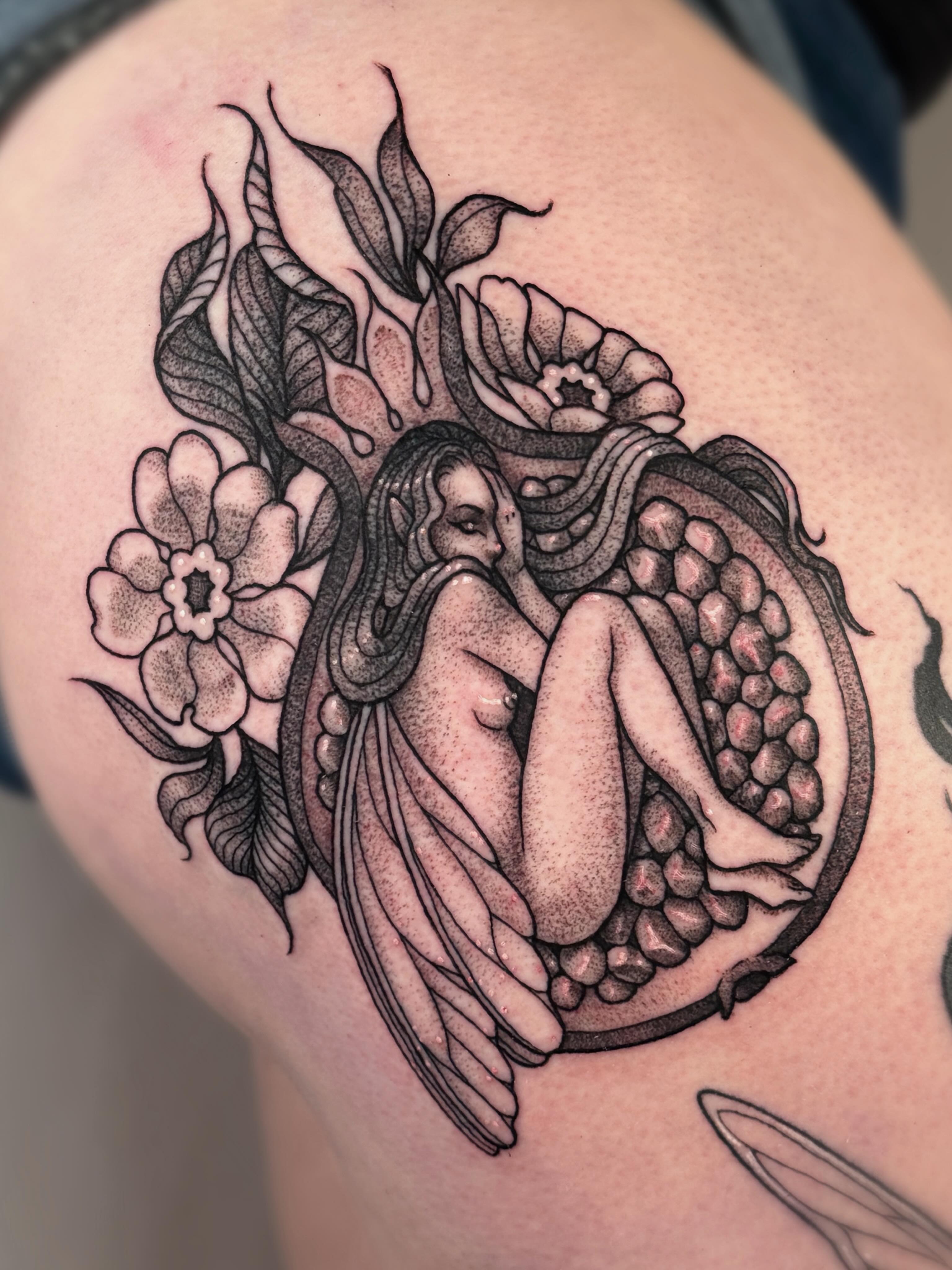Snake and woman dotwork tattoo on the thigh by leanna patterson, Ruston, Louisiana