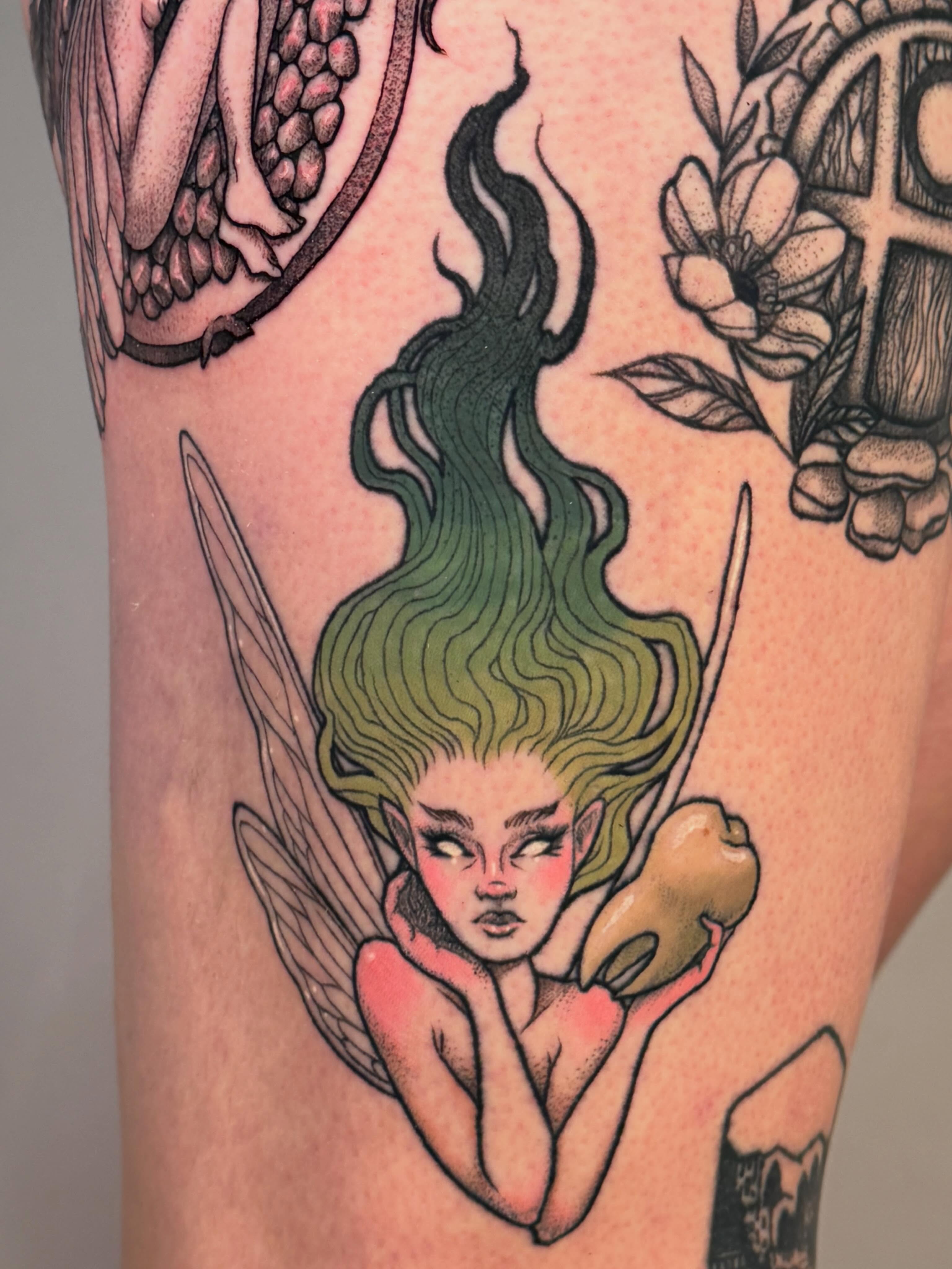 Elf with wings neo-traditional tattoo on the thigh by leanna patterson, Ruston, Louisiana