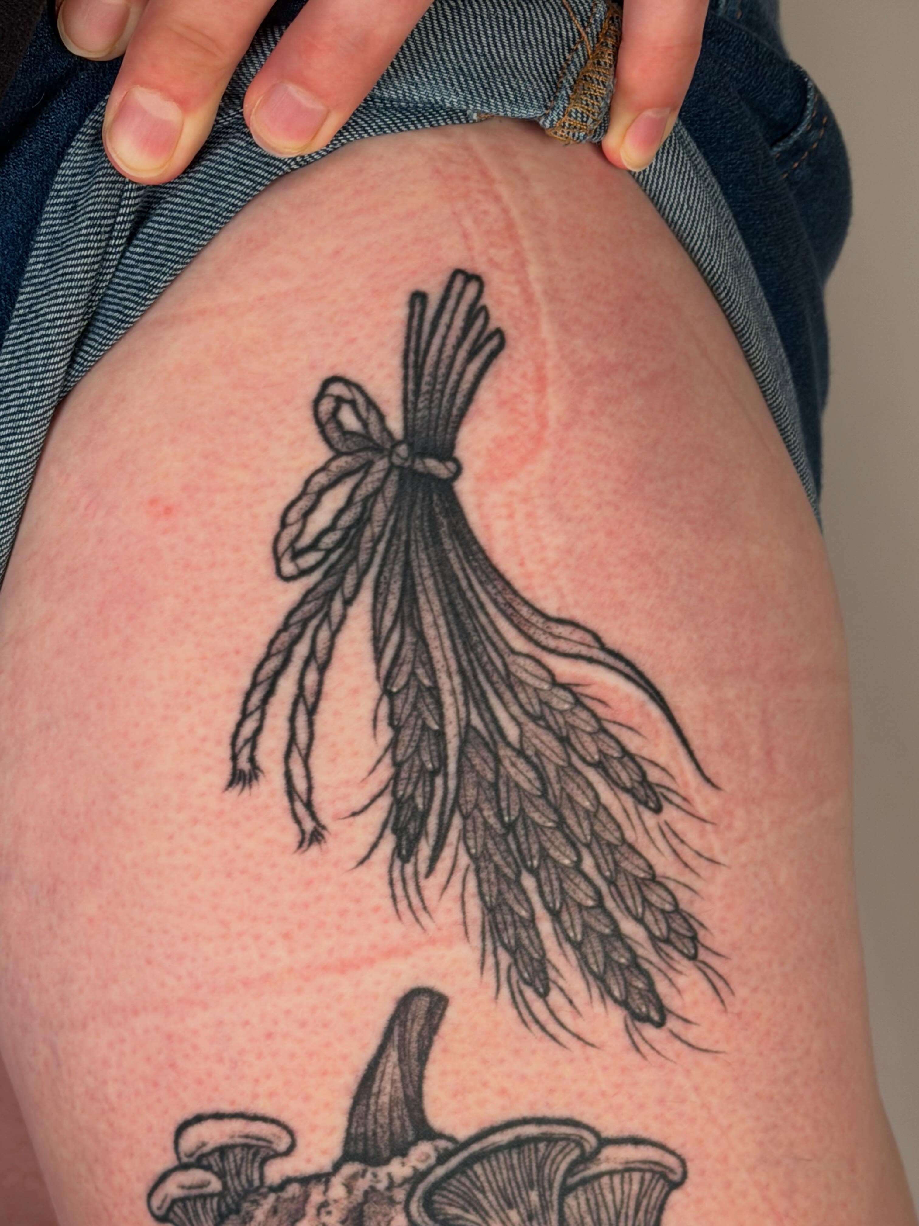 Bundle of wheat black and grey tattoo on the thigh by leanna patterson, Ruston, Louisiana